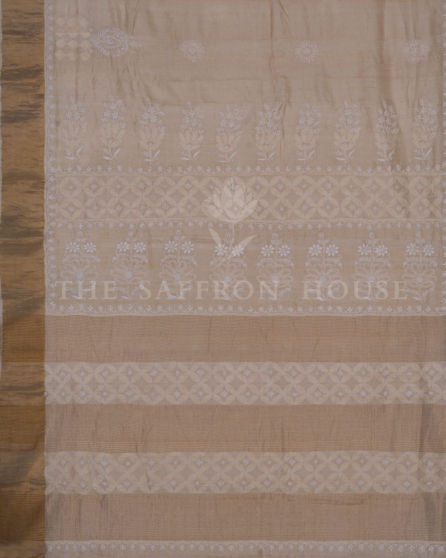Sand Beige And Warm Brown Chikankari Tussar Silk Saree – The Saffron House