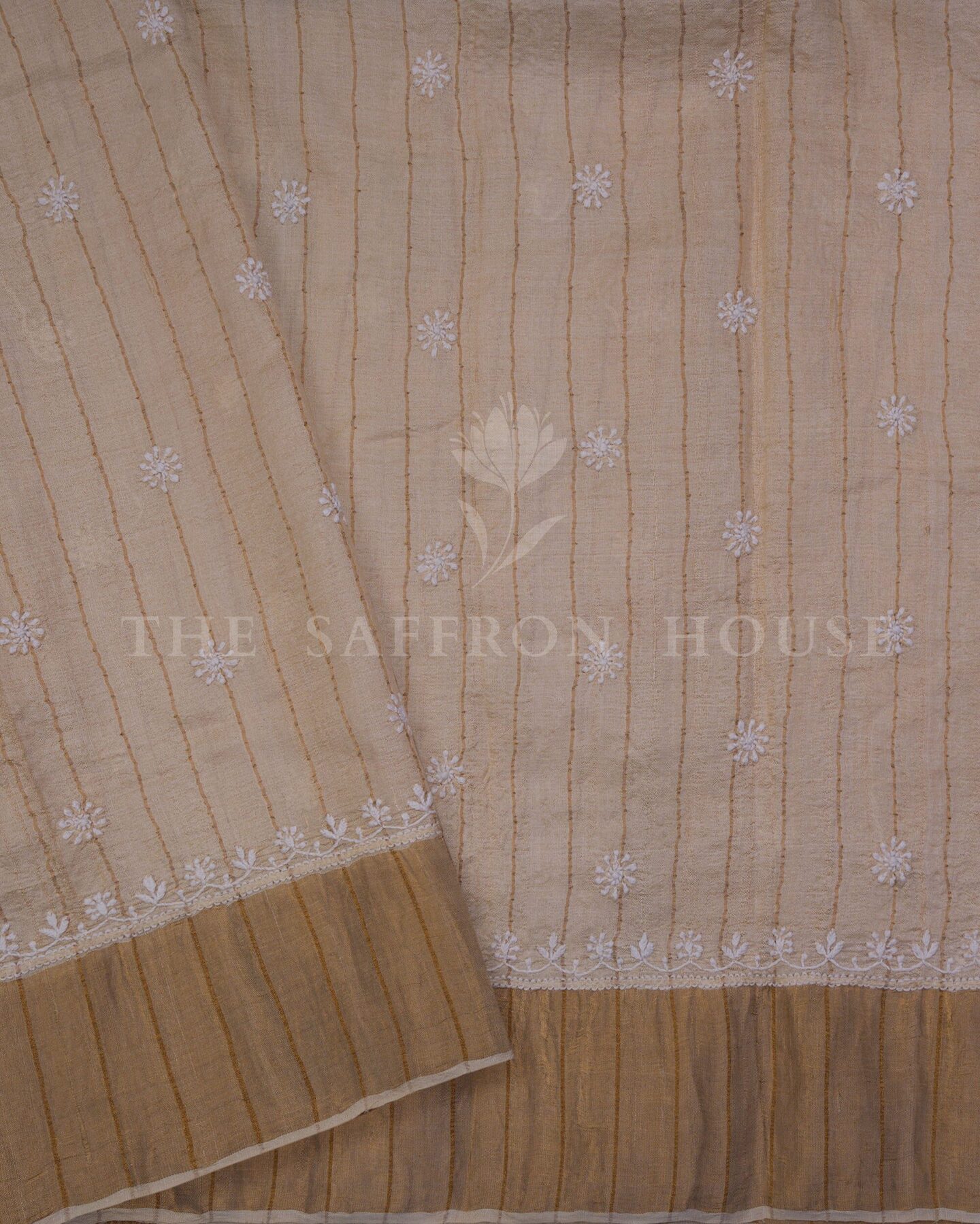 Sand Beige And Warm Brown Chikankari Tussar Silk Saree – The Saffron House