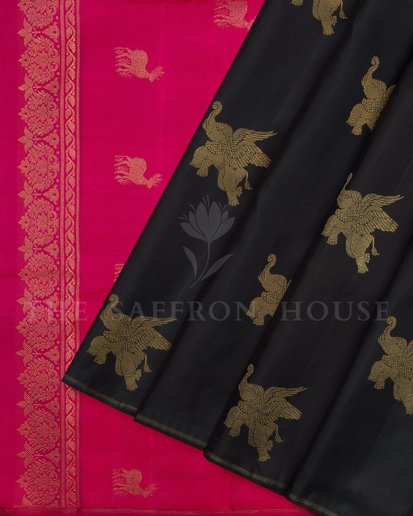 Onyx Black And Rani Pink Kanjivaram Silk Saree – The Saffron House