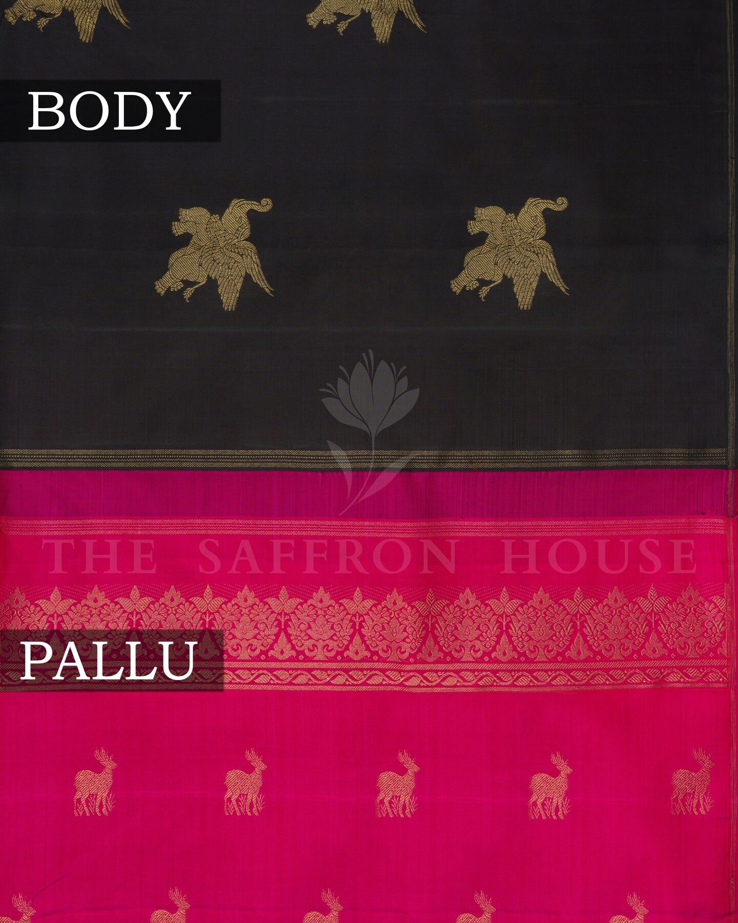 Onyx Black And Rani Pink Kanjivaram Silk Saree – The Saffron House