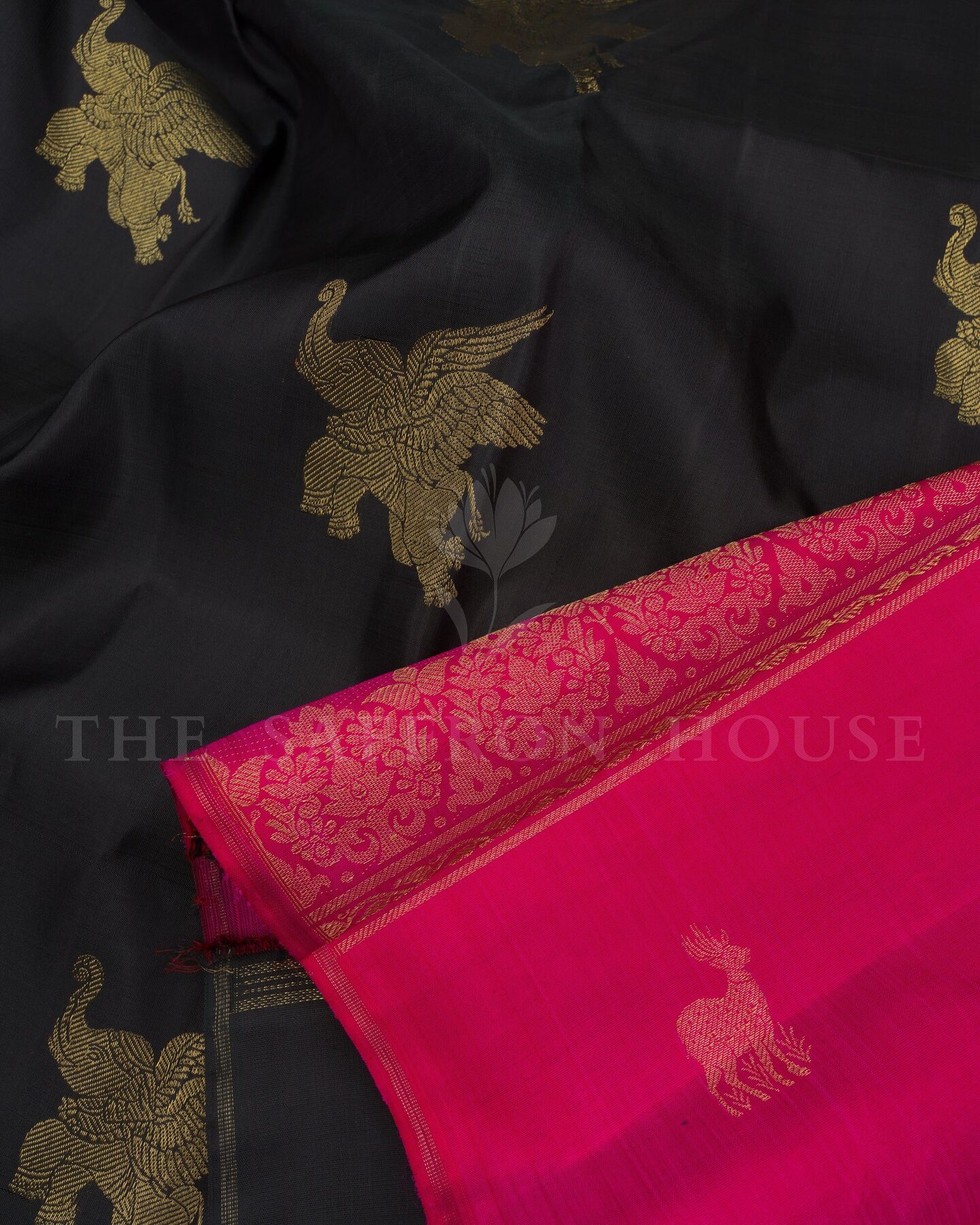 Onyx Black And Rani Pink Kanjivaram Silk Saree – The Saffron House