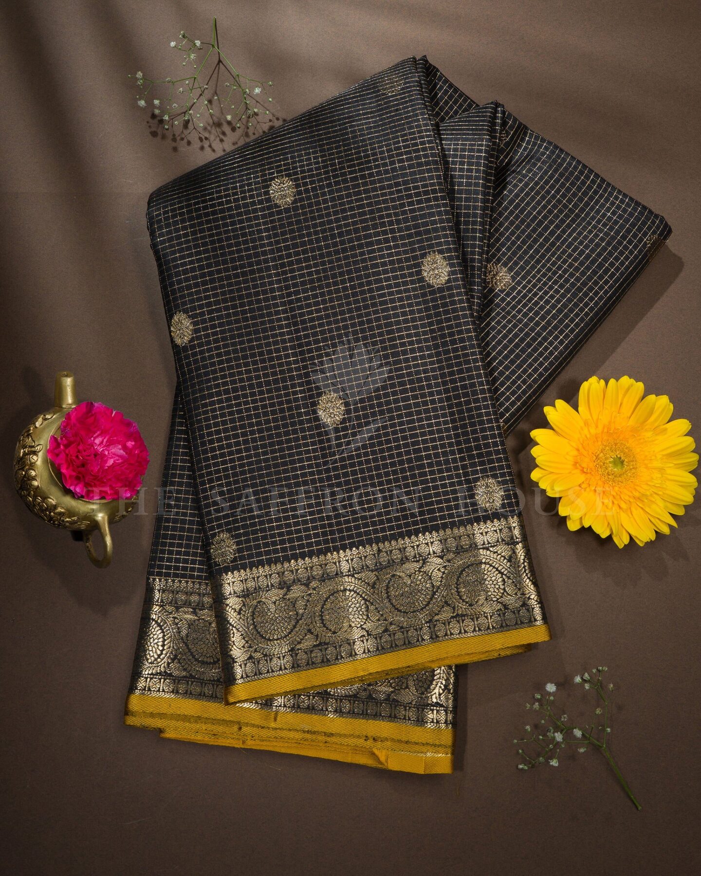 Onyx Black And Yellow Kattam Kanjivaram Silk Saree – The Saffron House