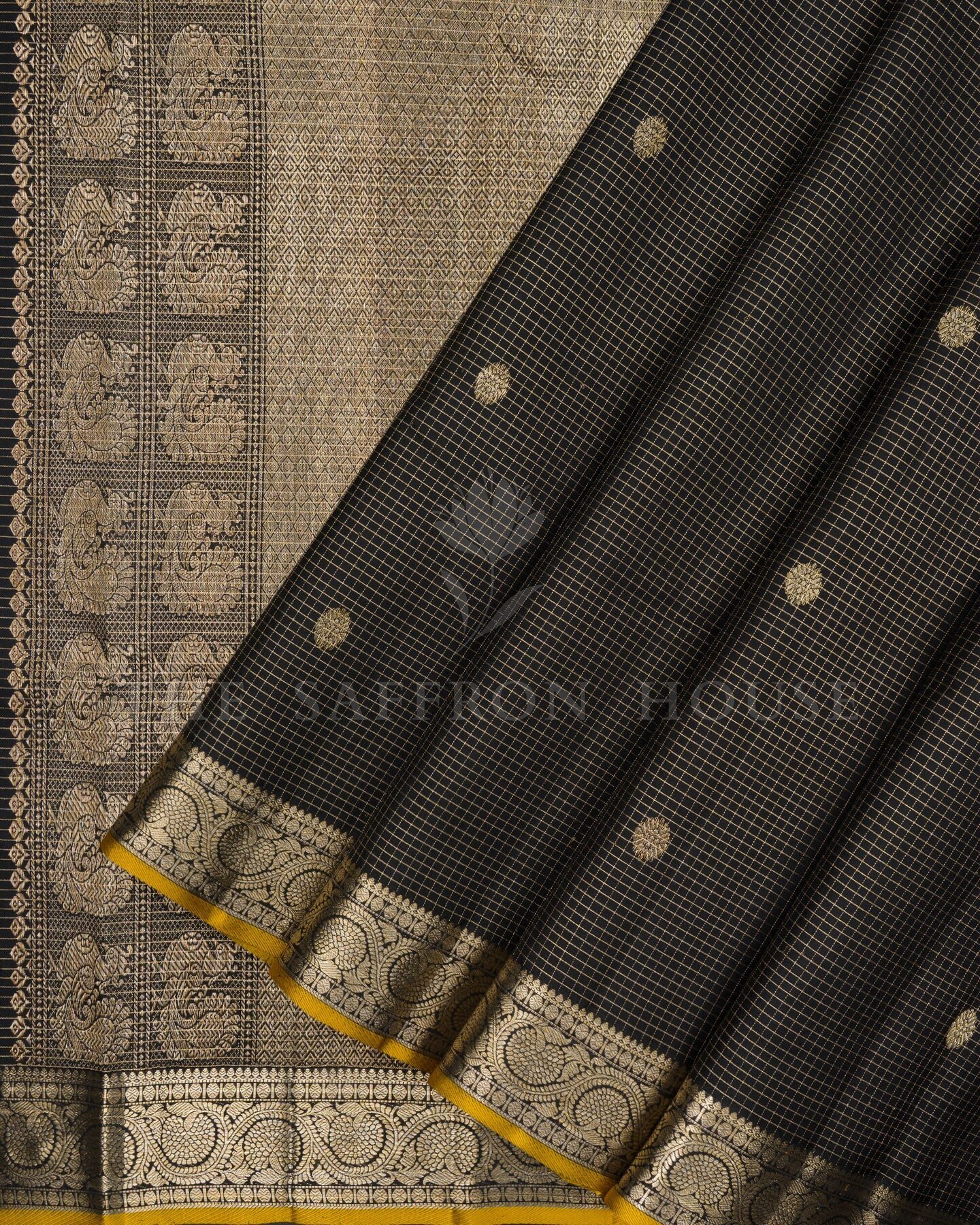 Onyx Black And Yellow Kattam Kanjivaram Silk Saree – The Saffron House