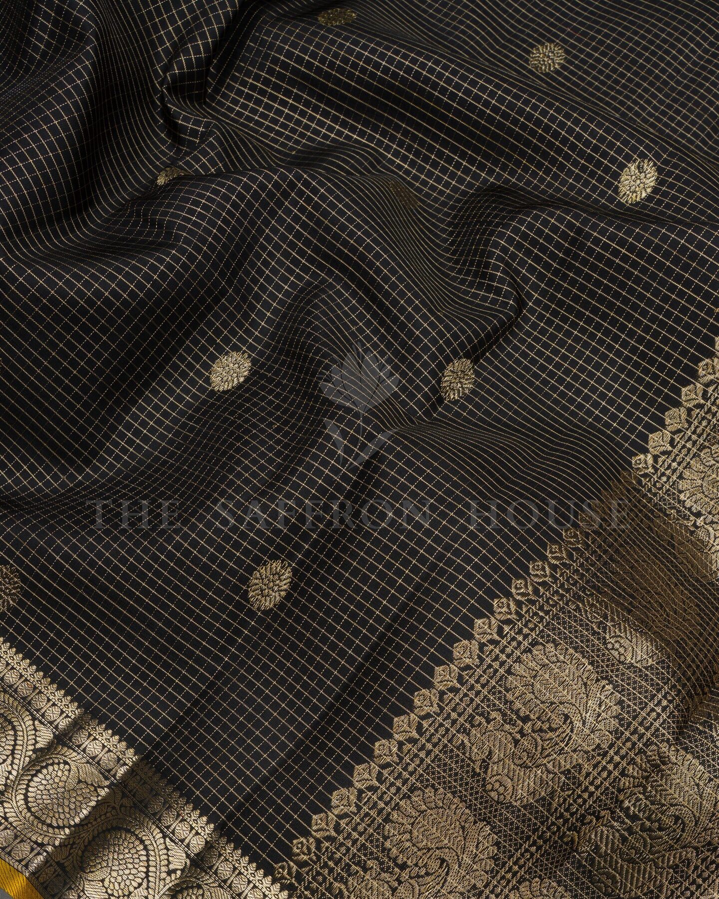 Onyx Black And Yellow Kattam Kanjivaram Silk Saree – The Saffron House