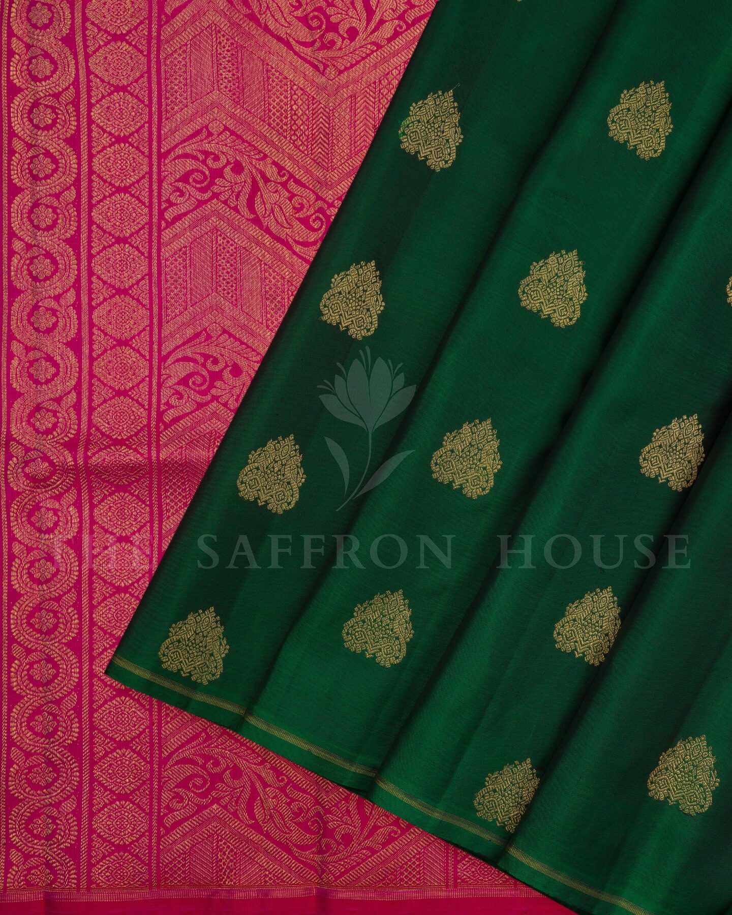 Bottle Green And Rani Pink Brocade Kanjivaram Silk Saree – The Saffron House