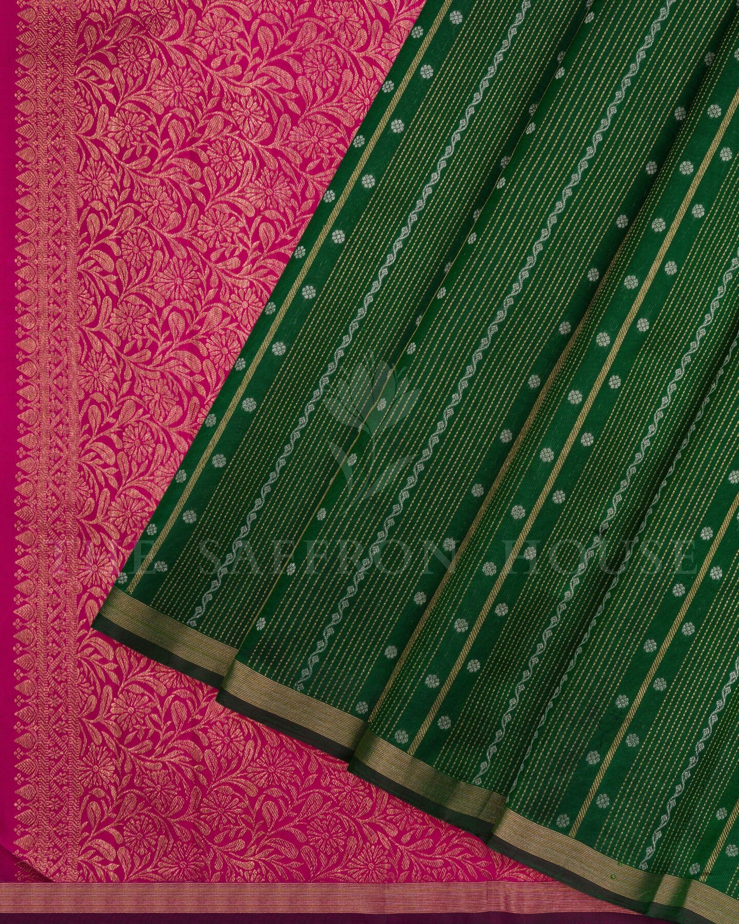 Magenta Pink And Bottle Green Kattam Kanjivaram Silk Saree – The Saffron House