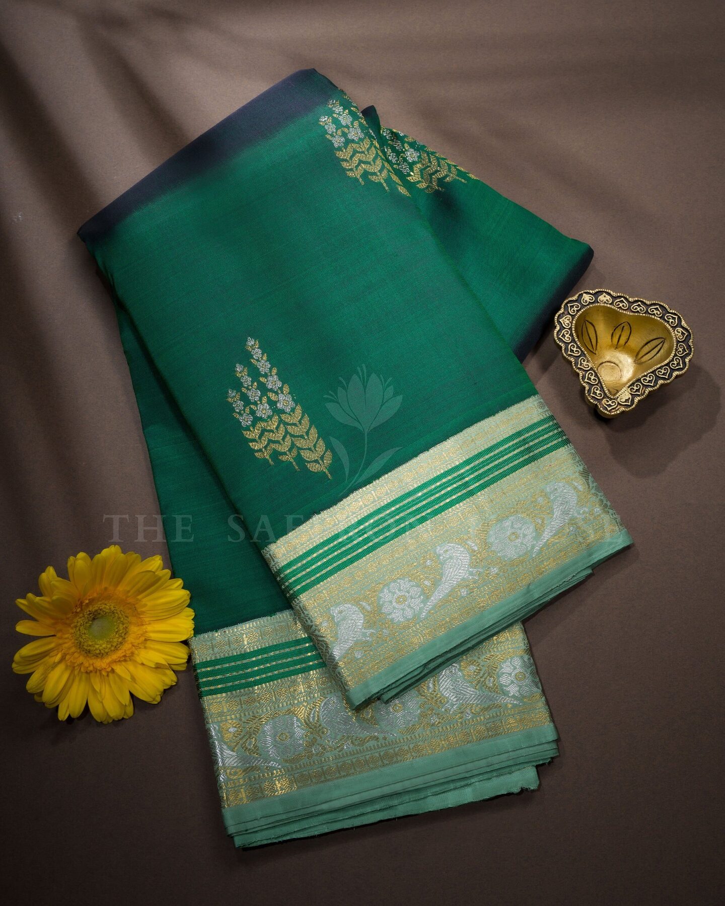 Bottle Green And Mint Brocade Kanjivaram Silk Saree
