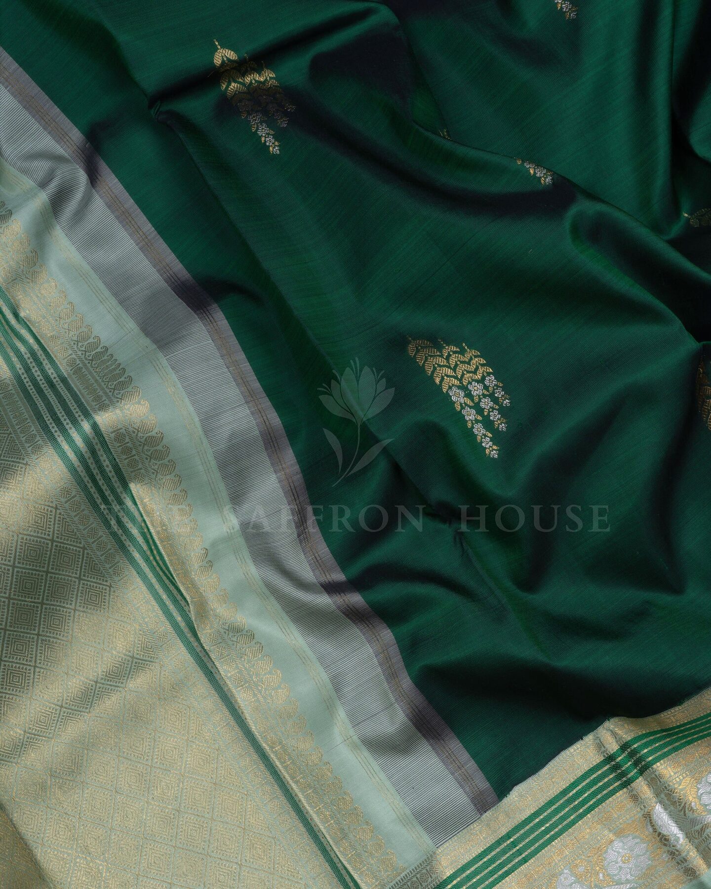 Bottle Green And Mint Brocade Kanjivaram Silk Saree – The Saffron House
