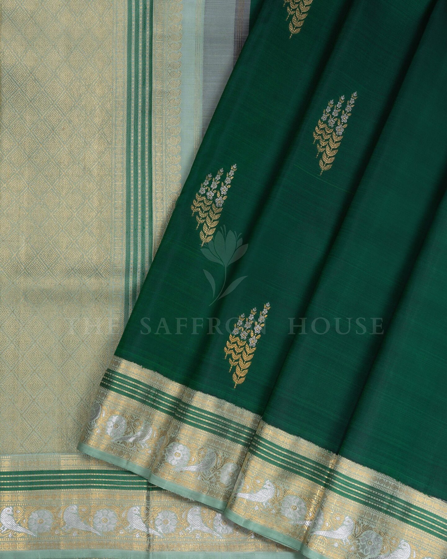 Bottle Green And Mint Brocade Kanjivaram Silk Saree – The Saffron House