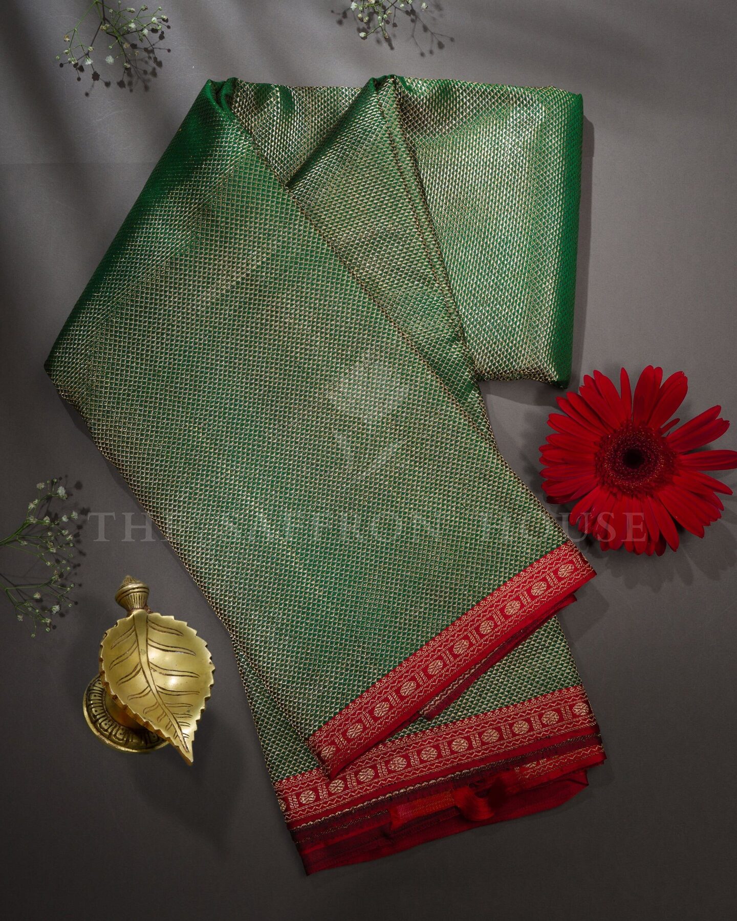 Bottle Green And Red Korvai Kanjivaram Silk Saree