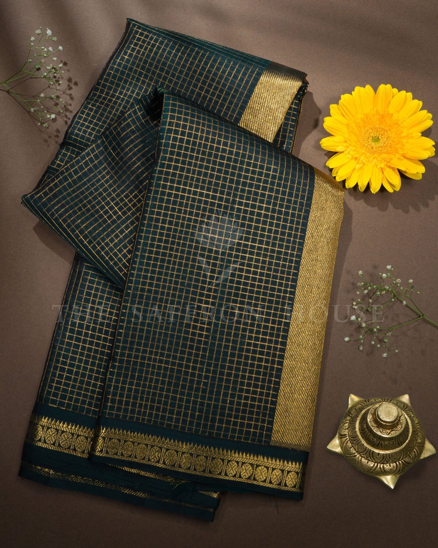 Bottle Green Kattam Kanjivaram Silk Saree – The Saffron House