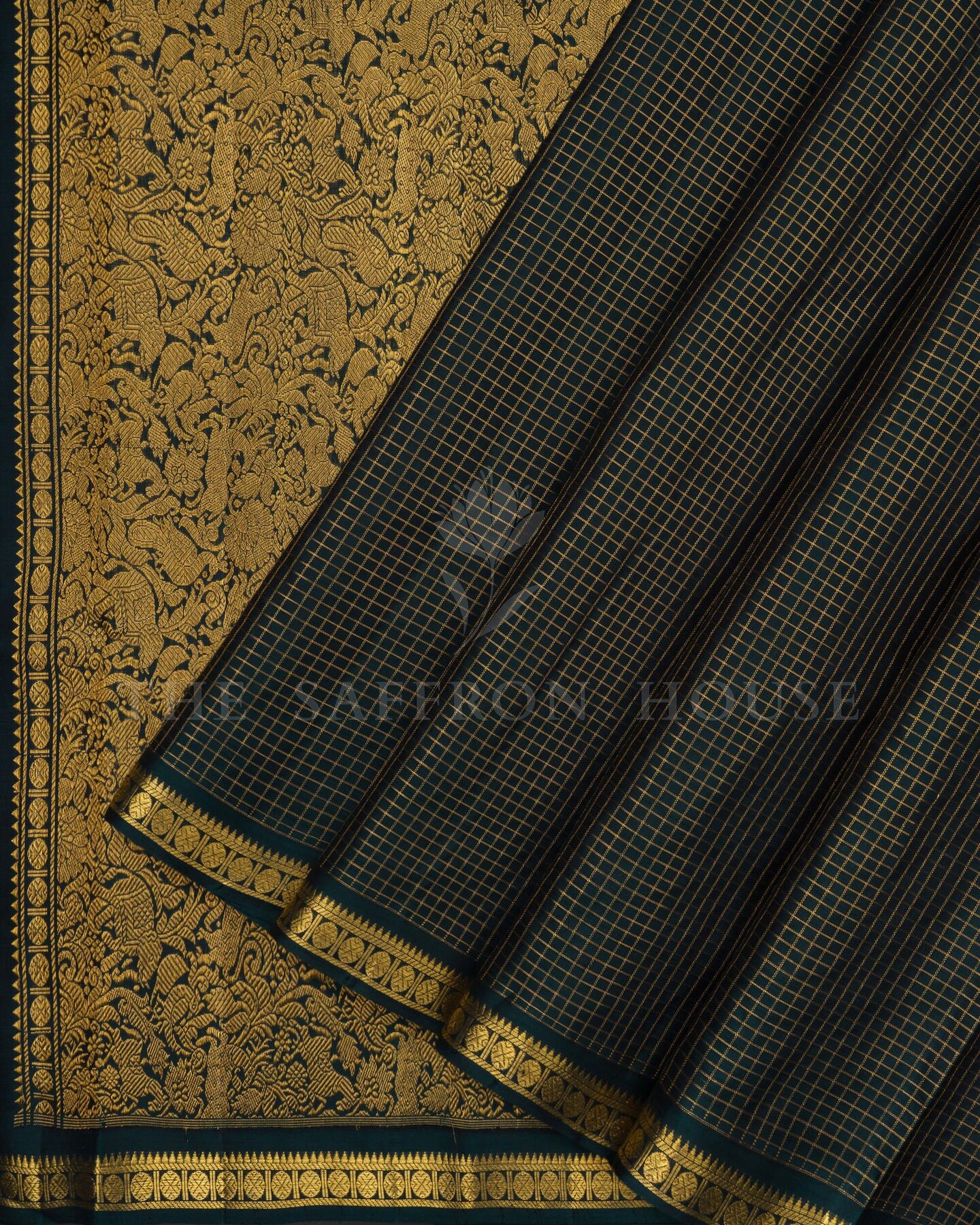 Bottle Green Kattam Kanjivaram Silk Saree – The Saffron House