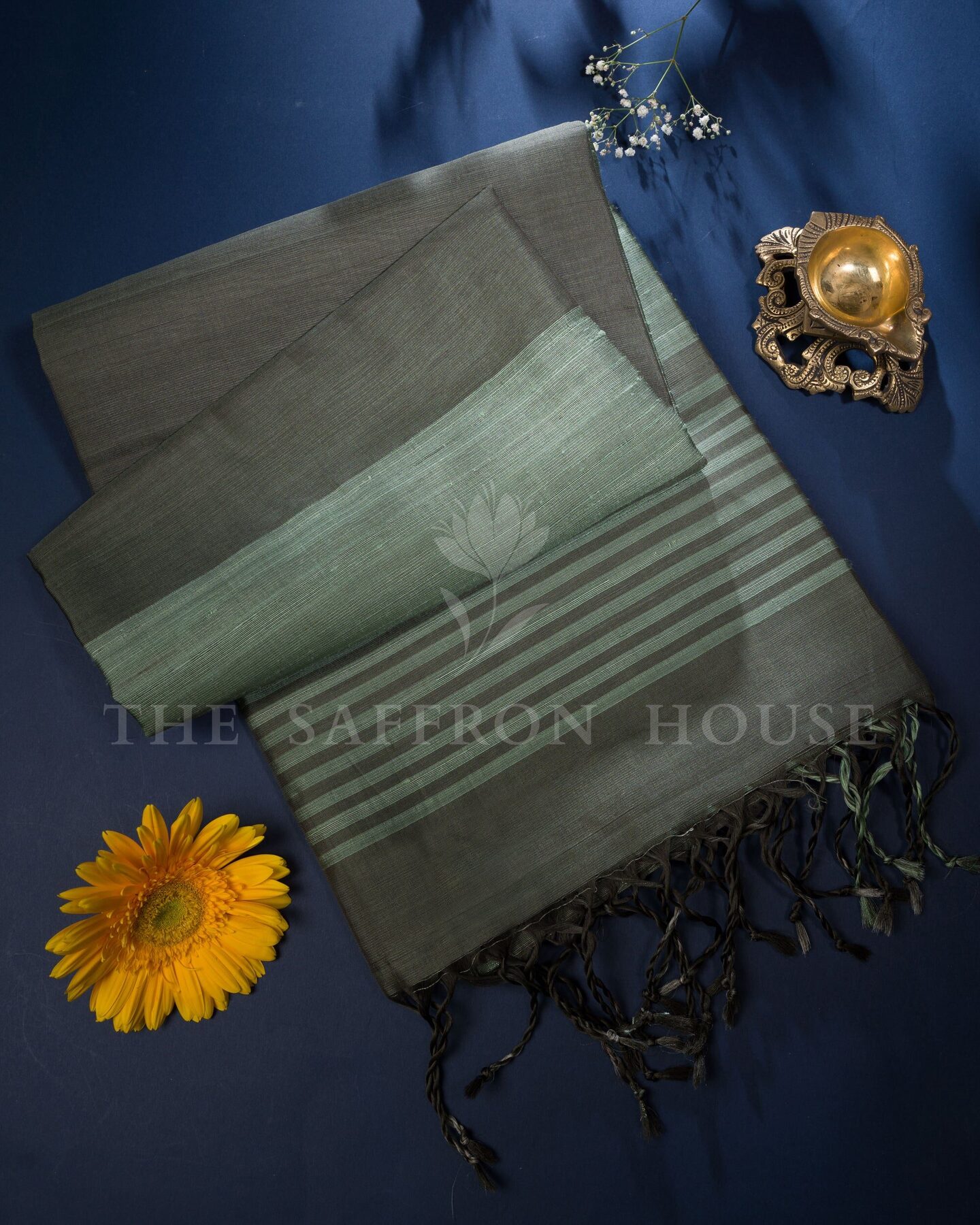 Onyx Black And Sea Green Eri Silk Saree – The Saffron House