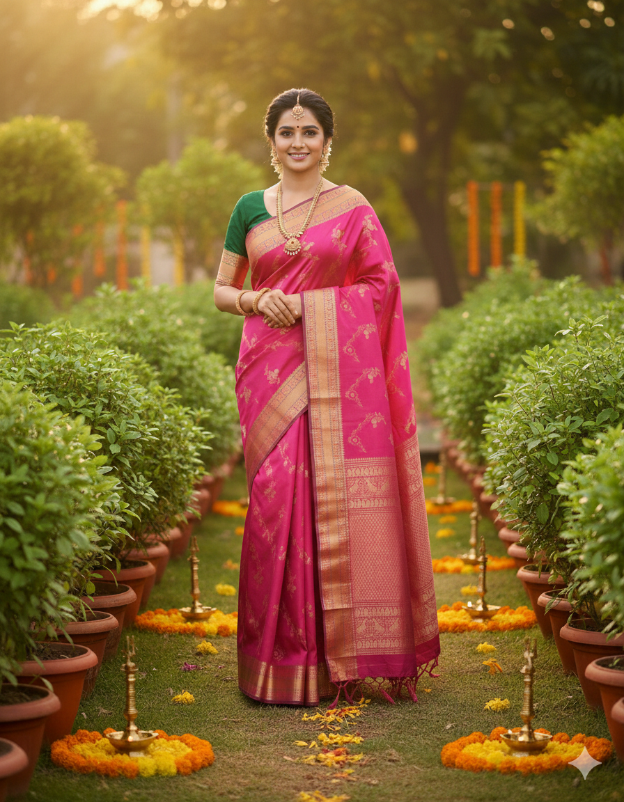 Deep Rani Pink Brocade Kanjivaram Silk Saree – The Saffron House