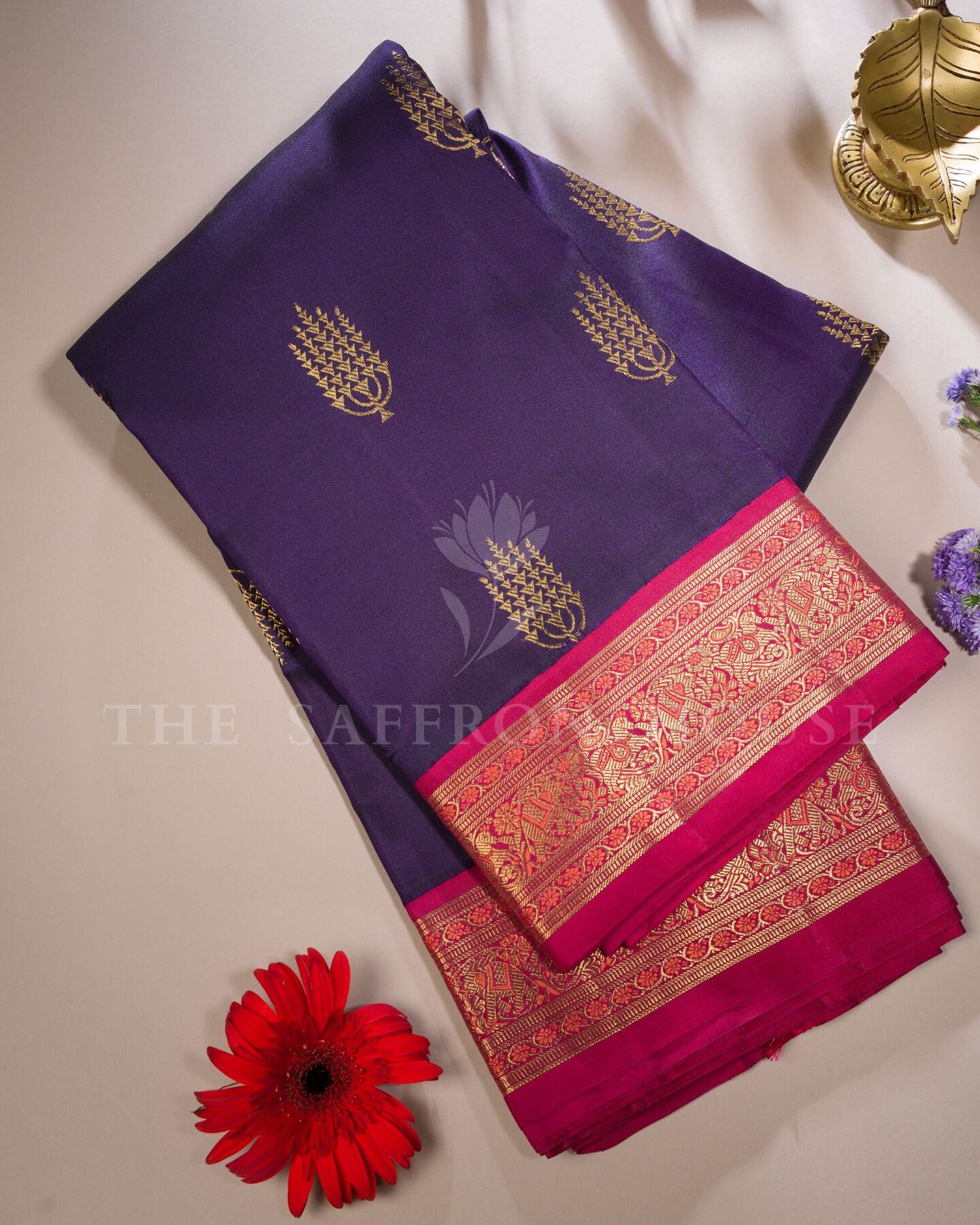 Aubergine And Rani Pink Kanjivaram Silk Saree – The Saffron House