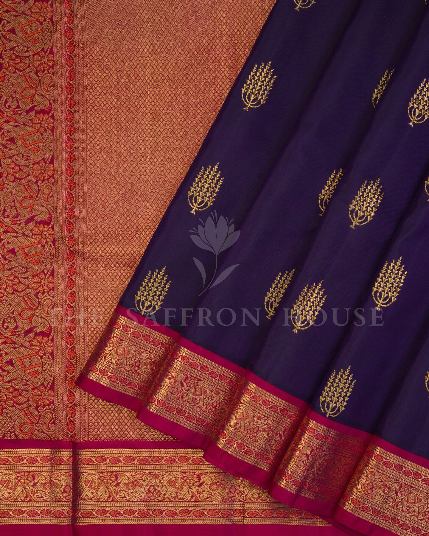 Aubergine And Rani Pink Kanjivaram Silk Saree