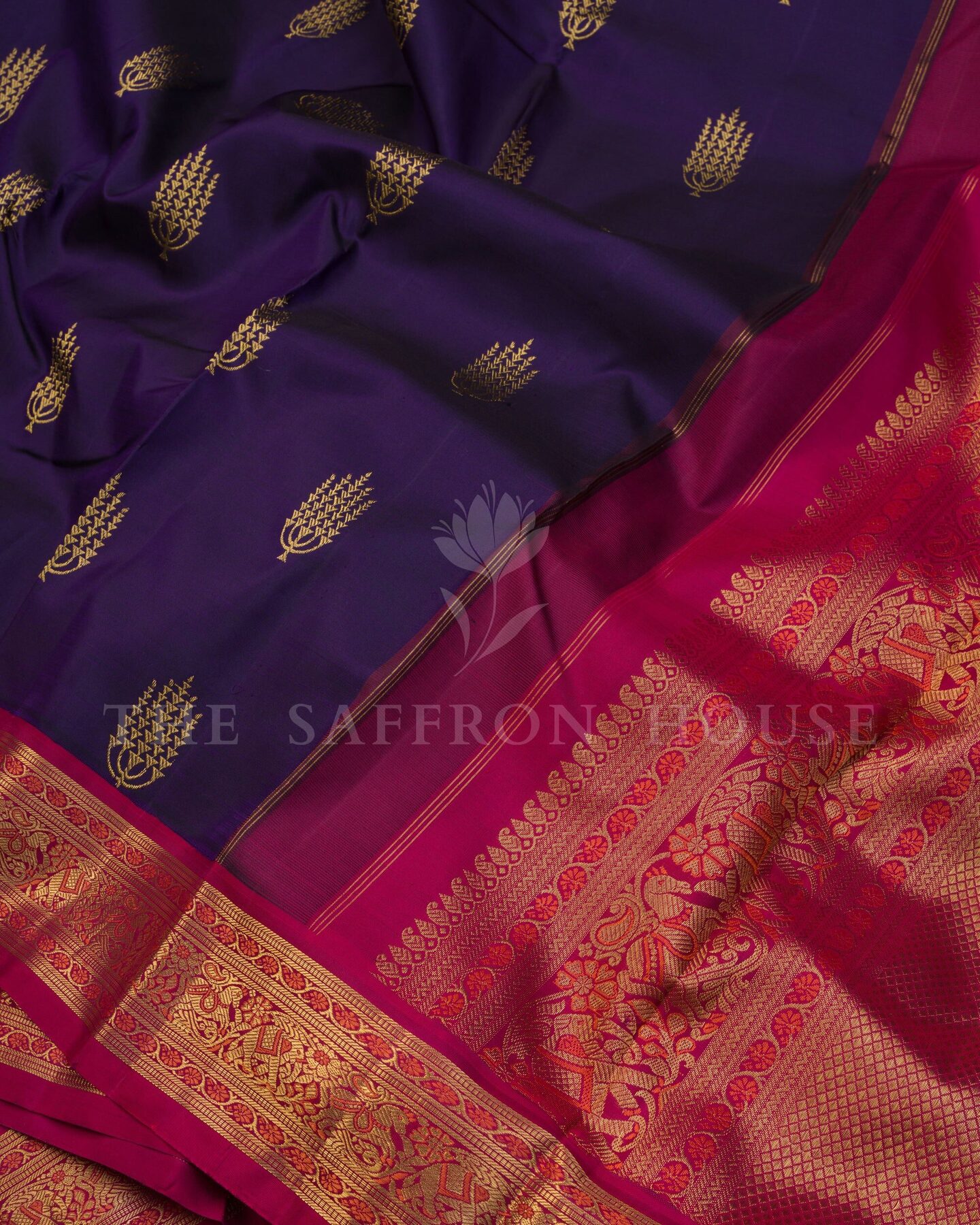 Aubergine And Rani Pink Kanjivaram Silk Saree – The Saffron House
