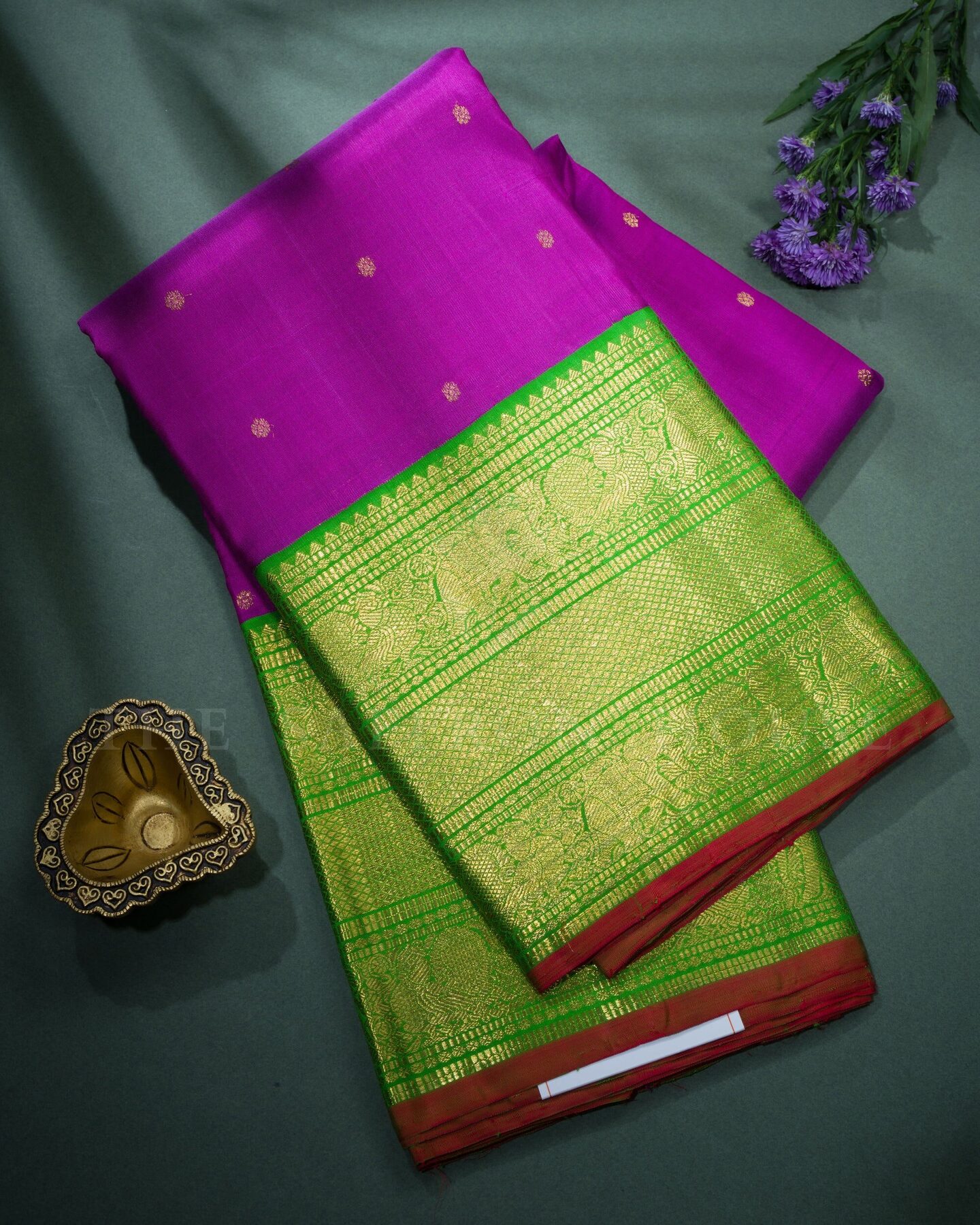 Magenta And Leaf Green Korvai Kanjivaram Silk Saree