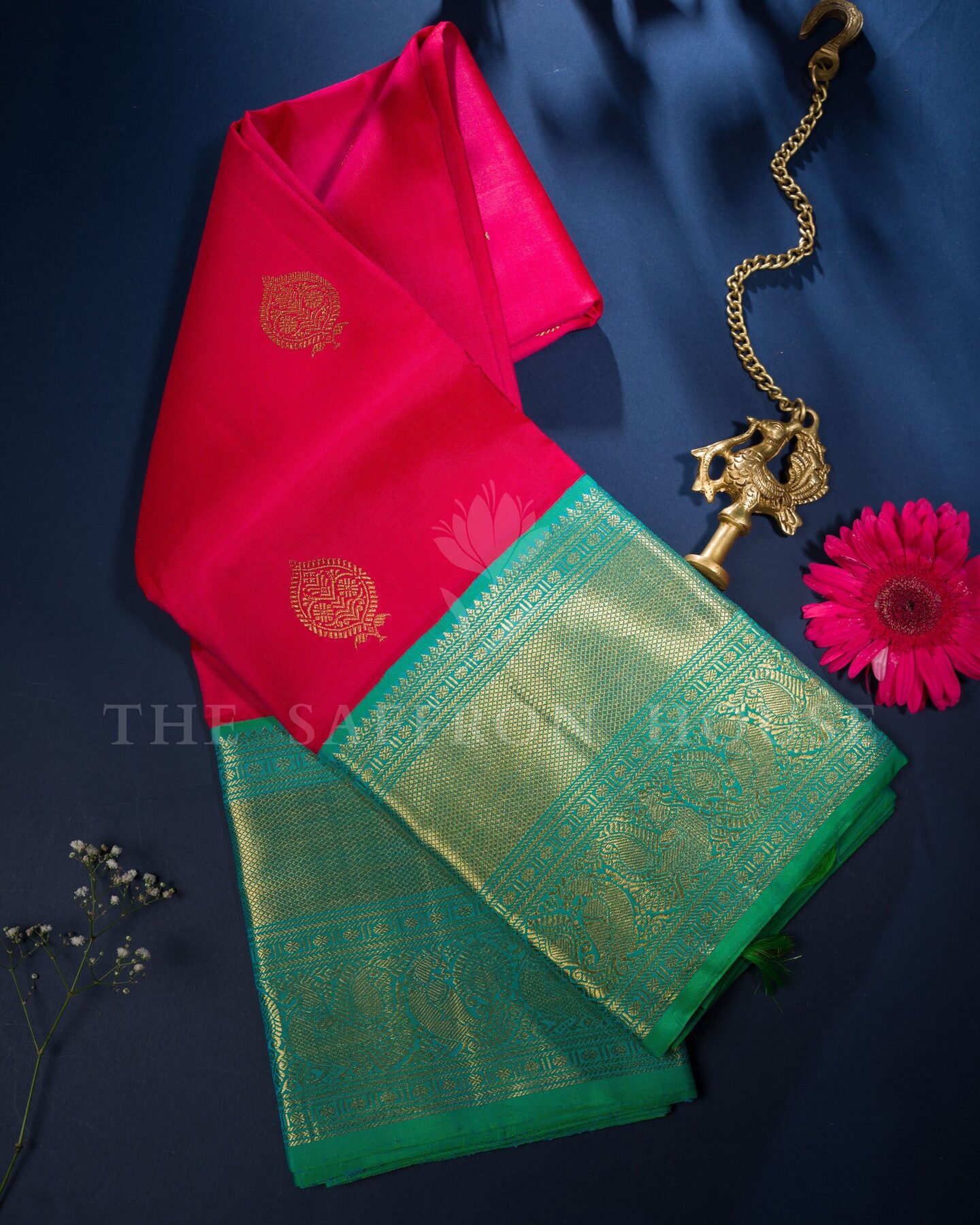 Pink And Sea Green Kanjivaram Silk Saree