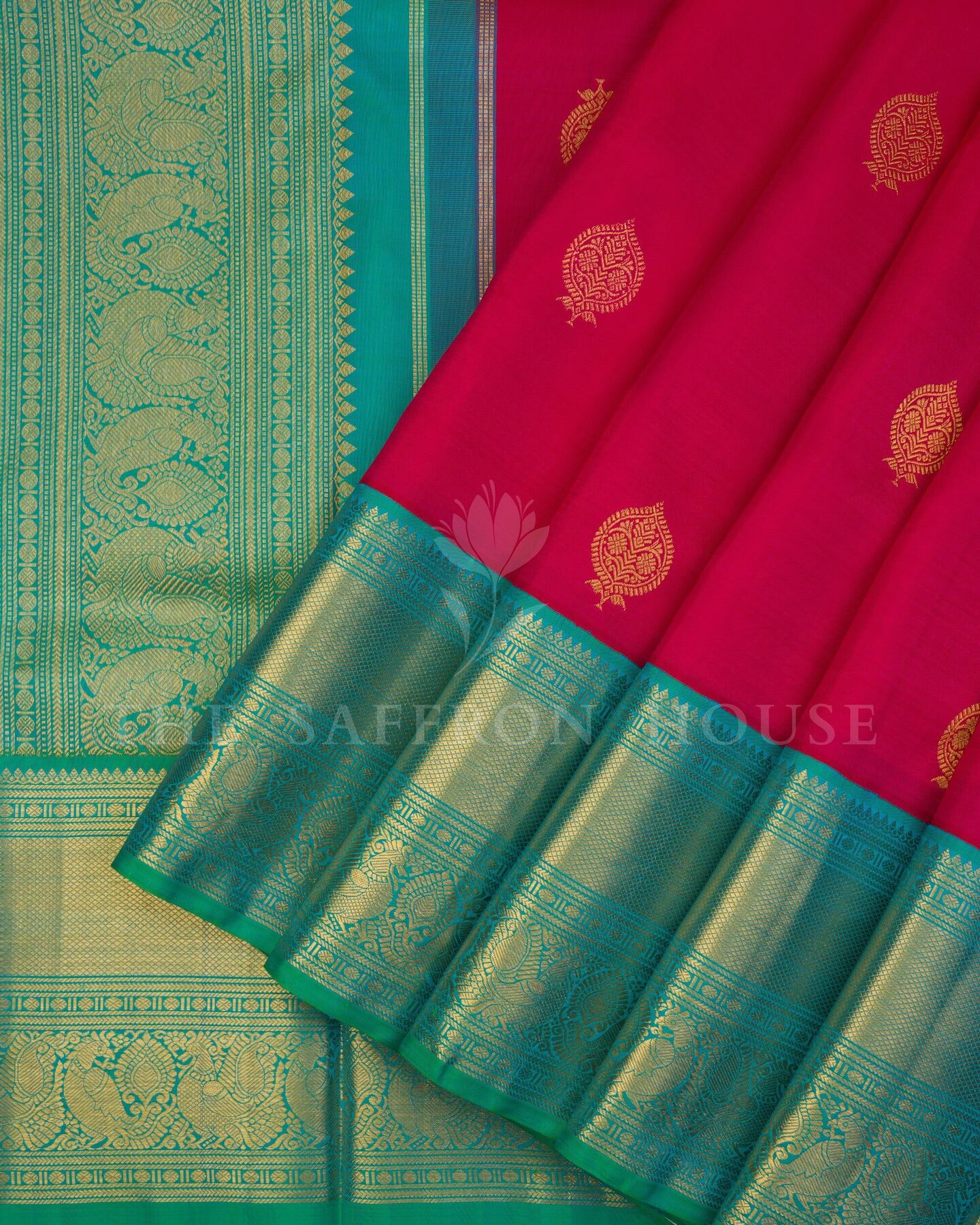 Pink And Sea Green Kanjivaram Silk Saree