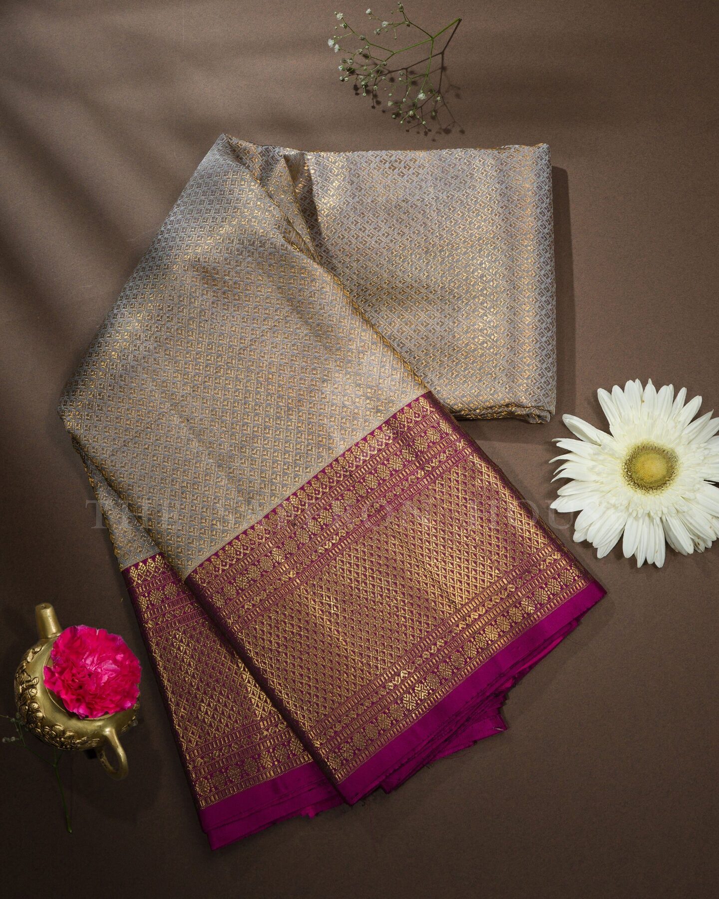 Slate Grey And Magenta Korvai Kanjivaram Silk Saree – The Saffron House