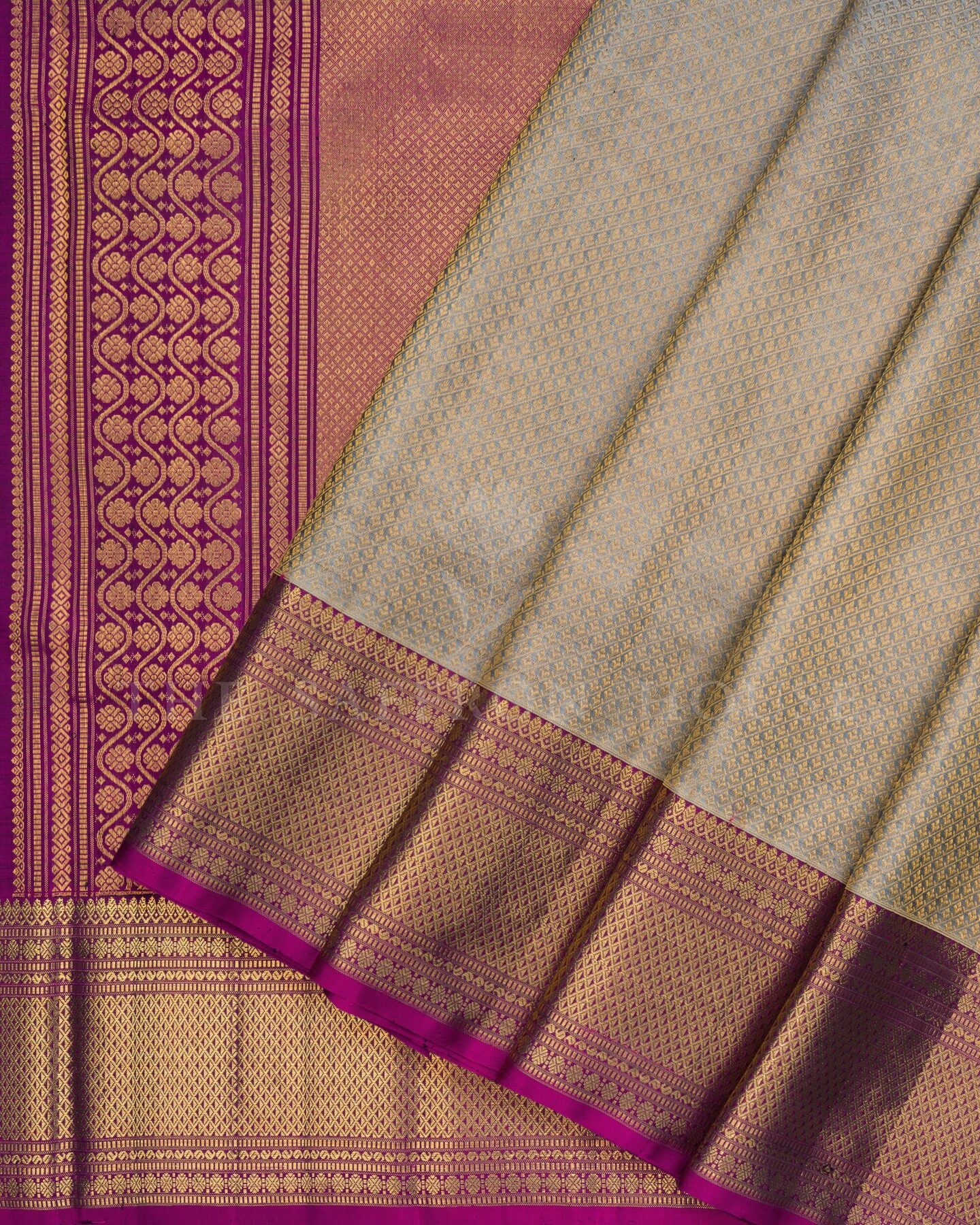 Slate Grey And Magenta Korvai Kanjivaram Silk Saree – The Saffron House