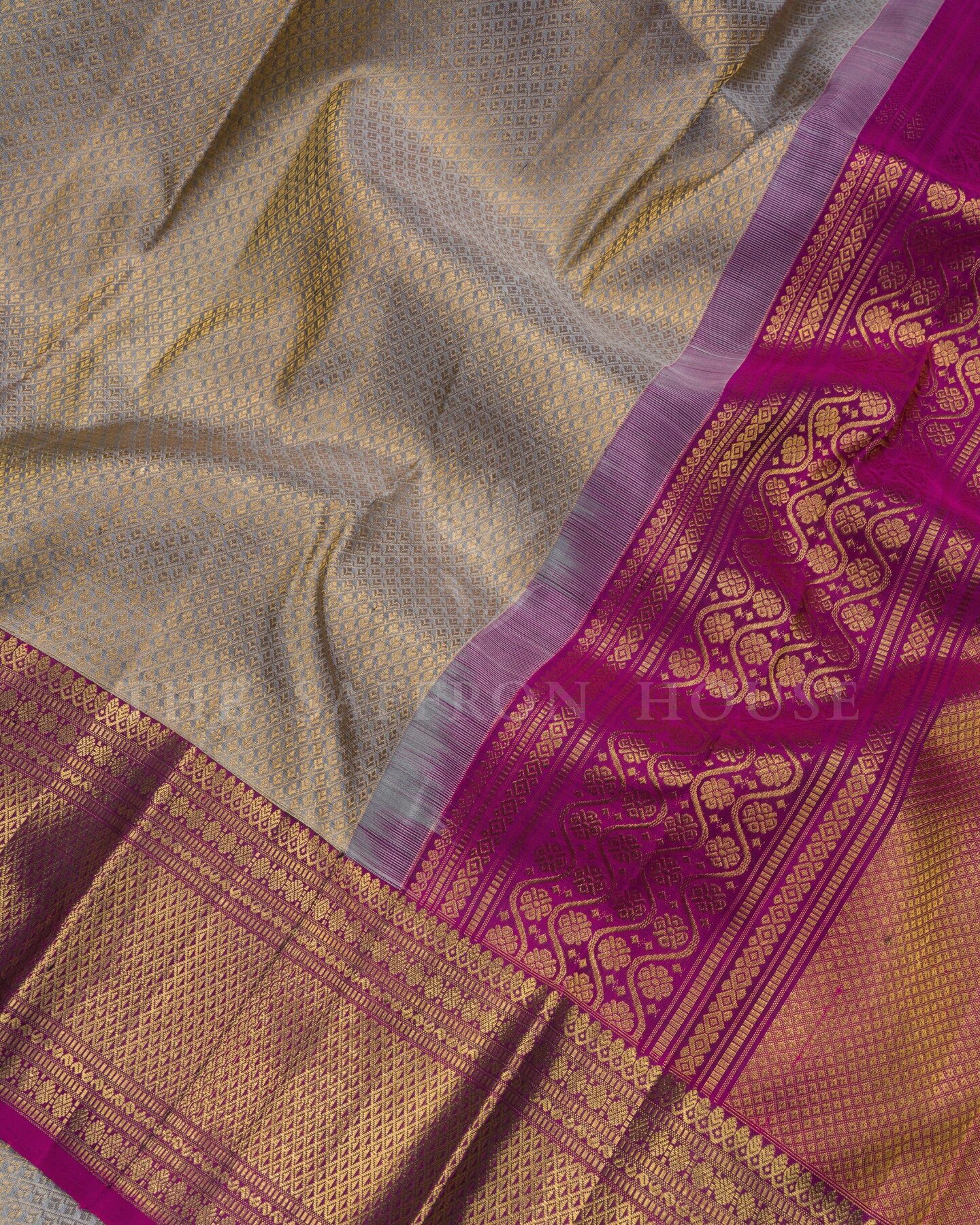 Slate Grey And Magenta Korvai Kanjivaram Silk Saree – The Saffron House