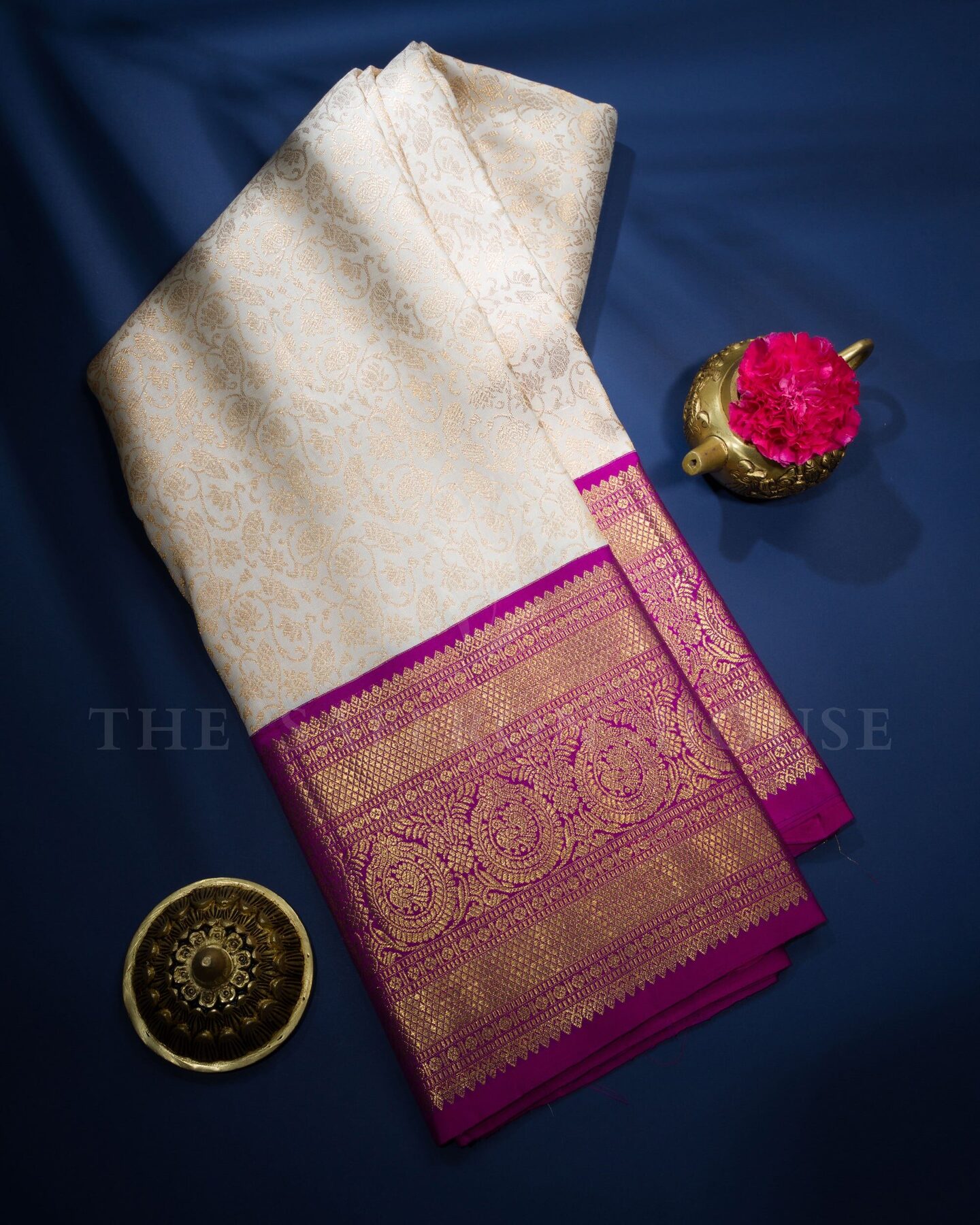 Off White And Magenta Brocade Kanjivaram Silk Saree – The Saffron House