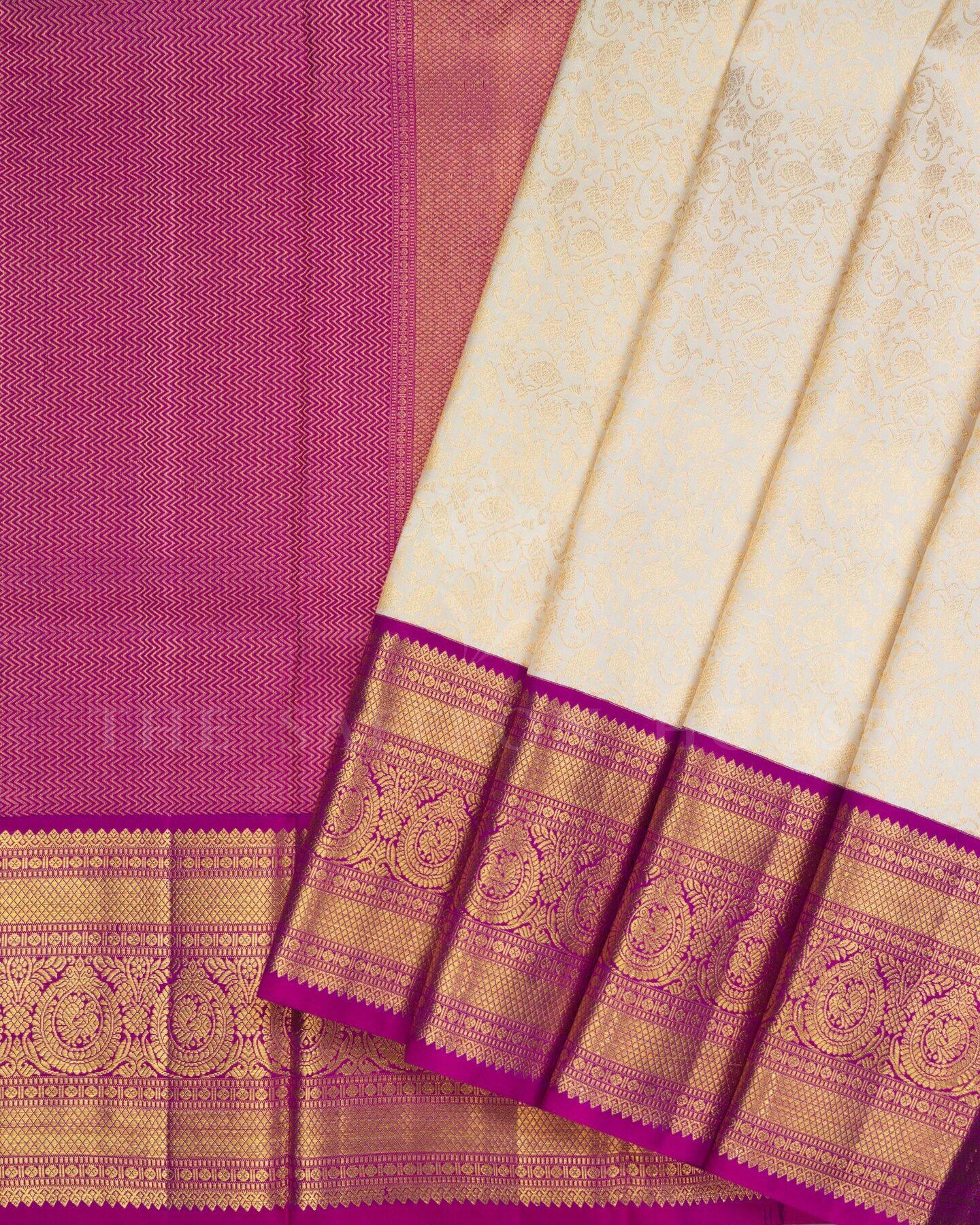 Off White And Magenta Brocade Kanjivaram Silk Saree – The Saffron House