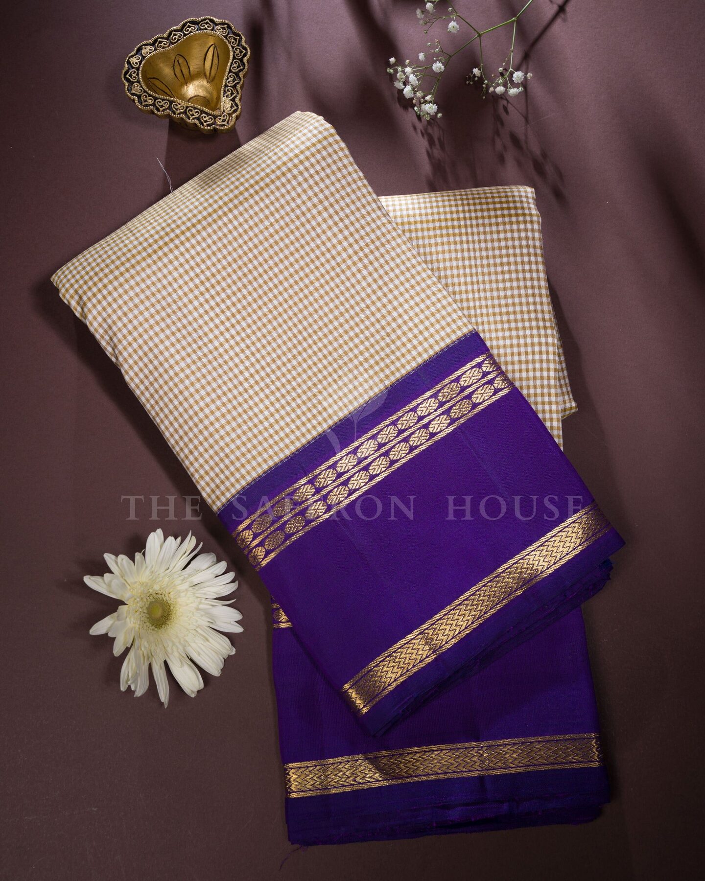 Sand Beige And Violet Kattam Kanjivaram Silk Saree – The Saffron House