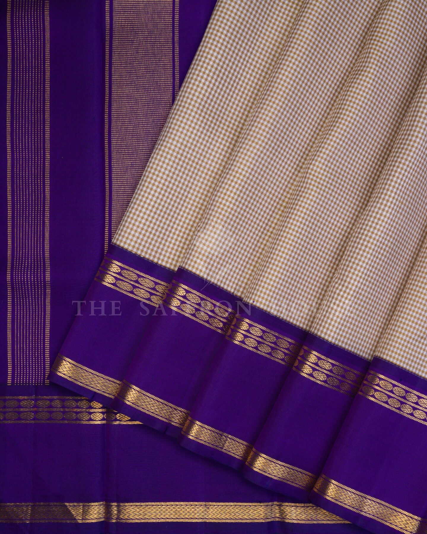 Sand Beige And Violet Kattam Kanjivaram Silk Saree – The Saffron House