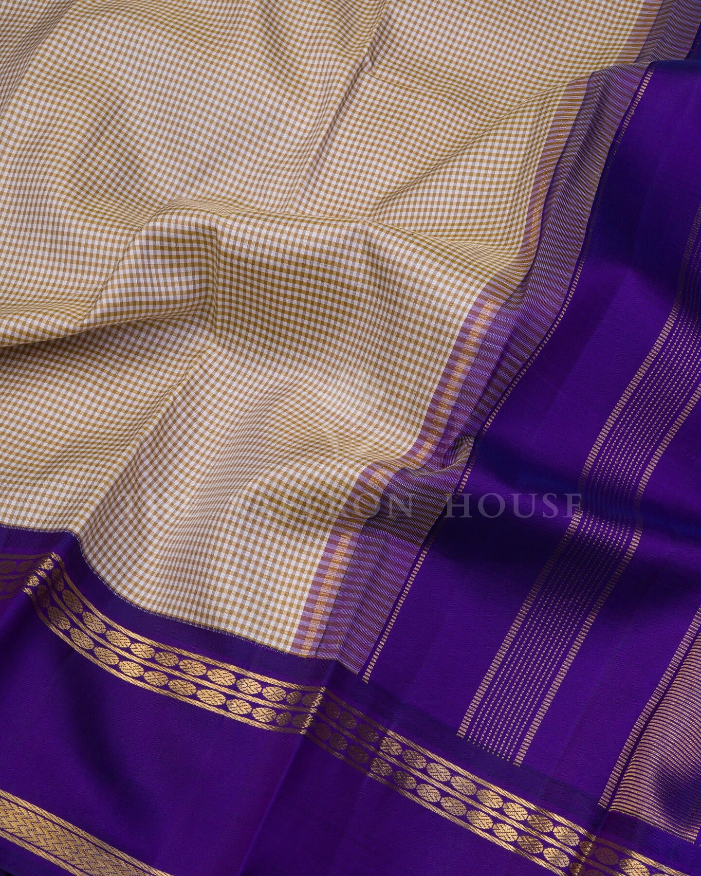 Sand Beige And Violet Kattam Kanjivaram Silk Saree – The Saffron House