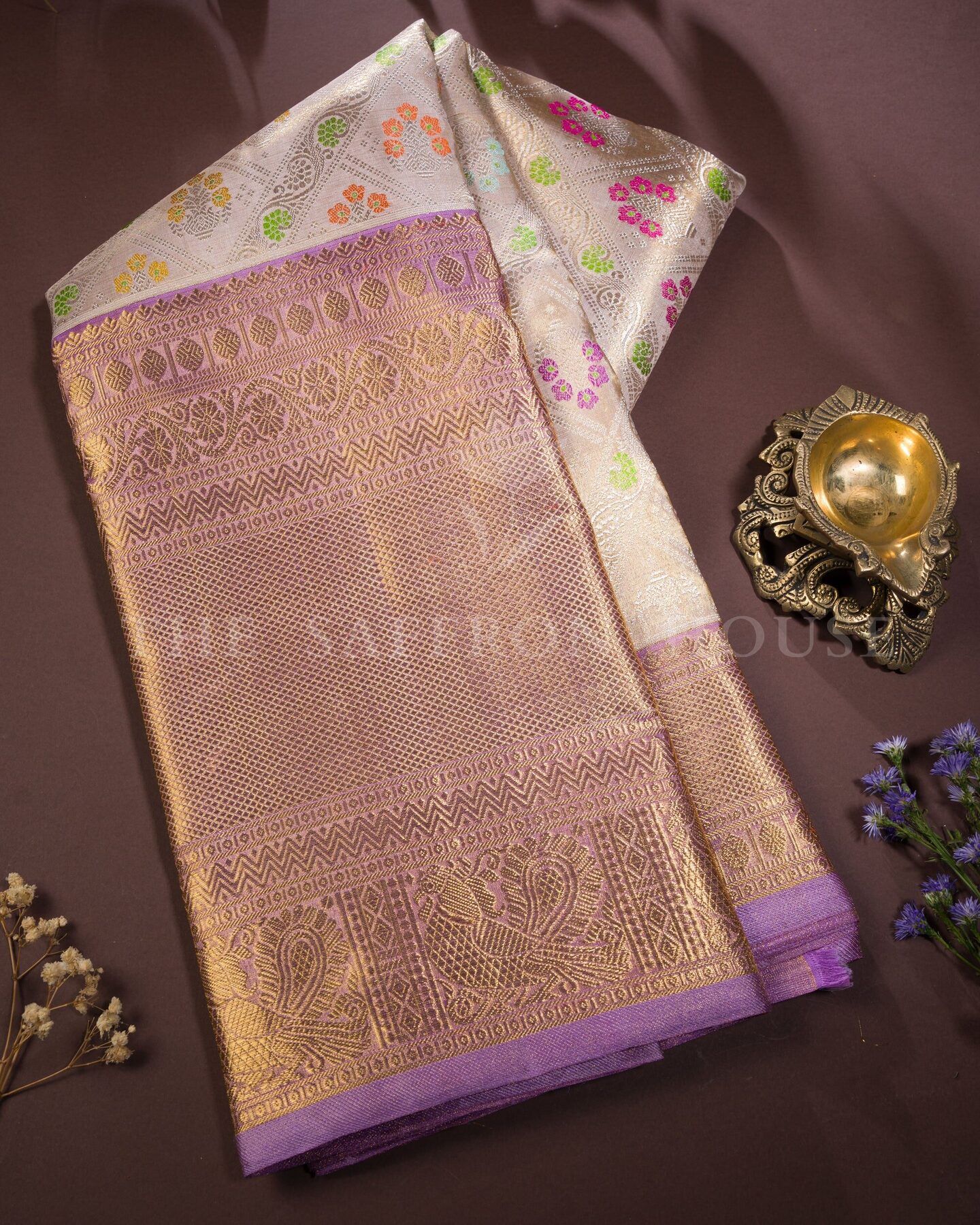 Antique Gold And Lavender Kanjivaram Silk Saree