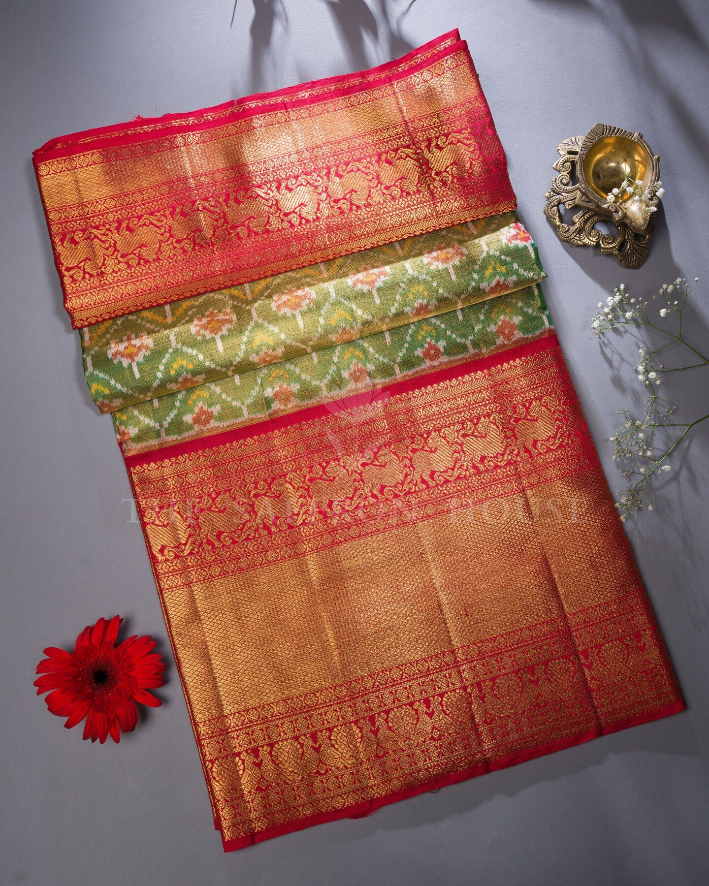 Moss Green And Burnt Orange Kanjivaram Silk Saree – The Saffron House