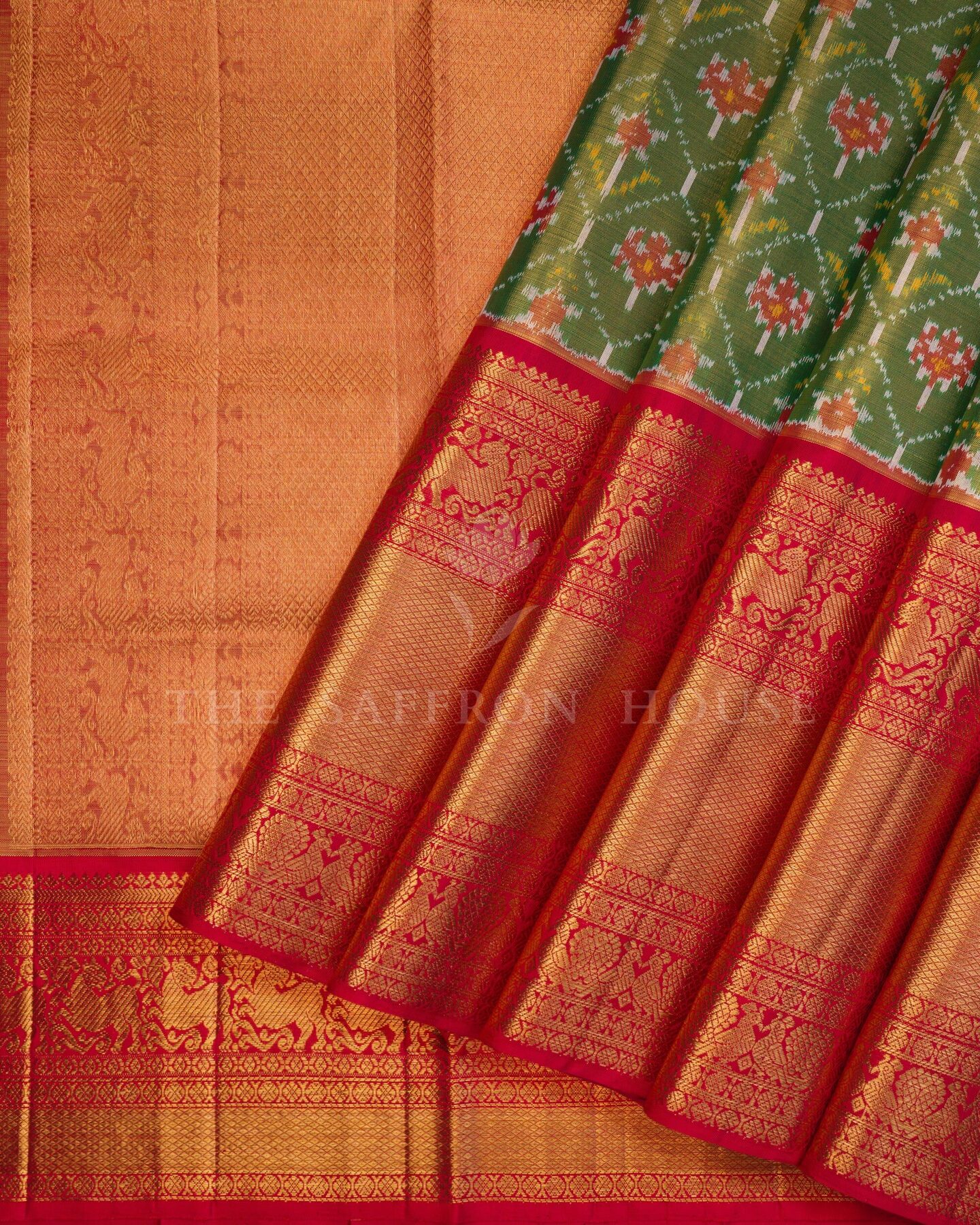 Moss Green And Burnt Orange Kanjivaram Silk Saree – The Saffron House