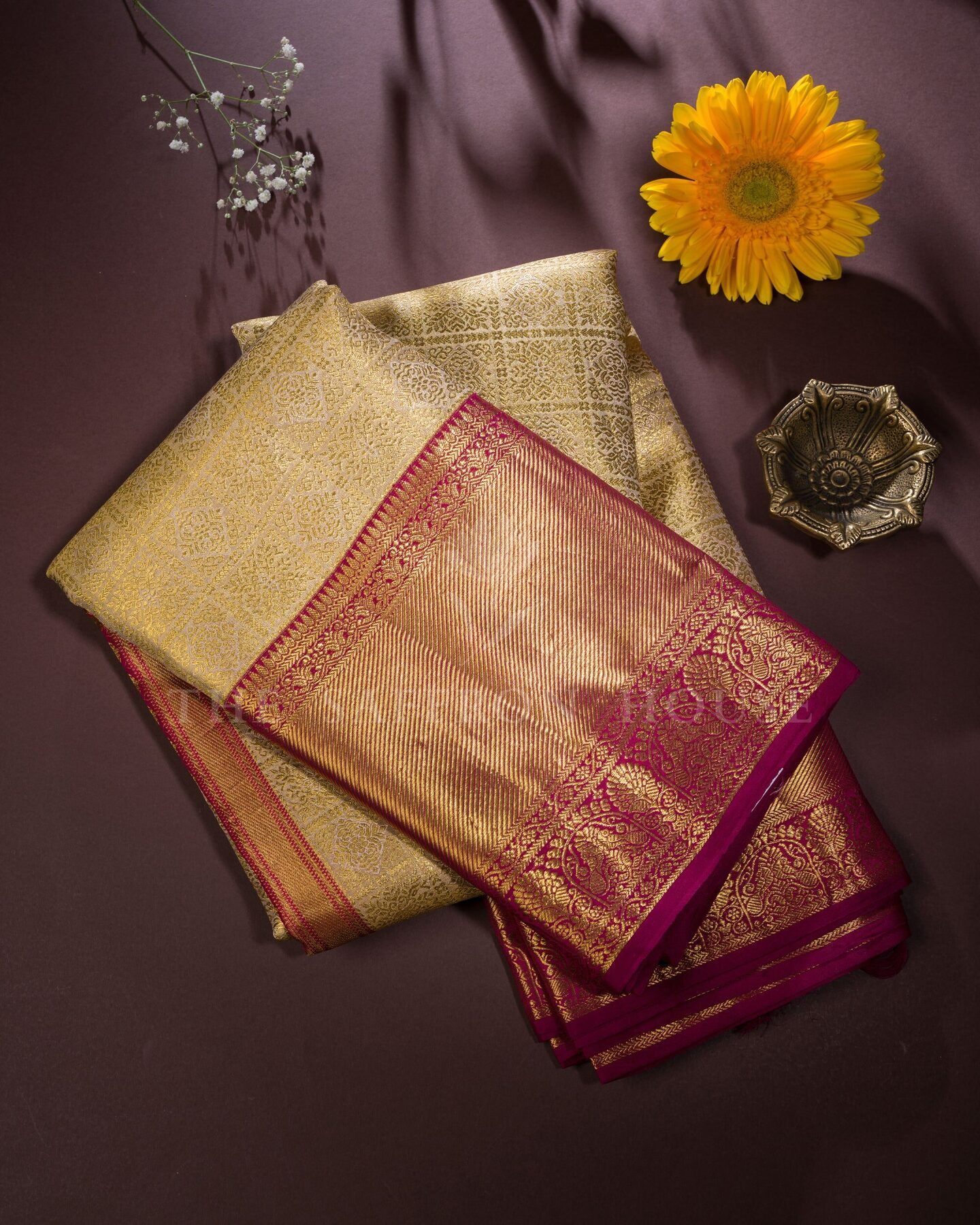 Antique Gold And Raspberry Pink Tissue Kanjivaram Silk Saree