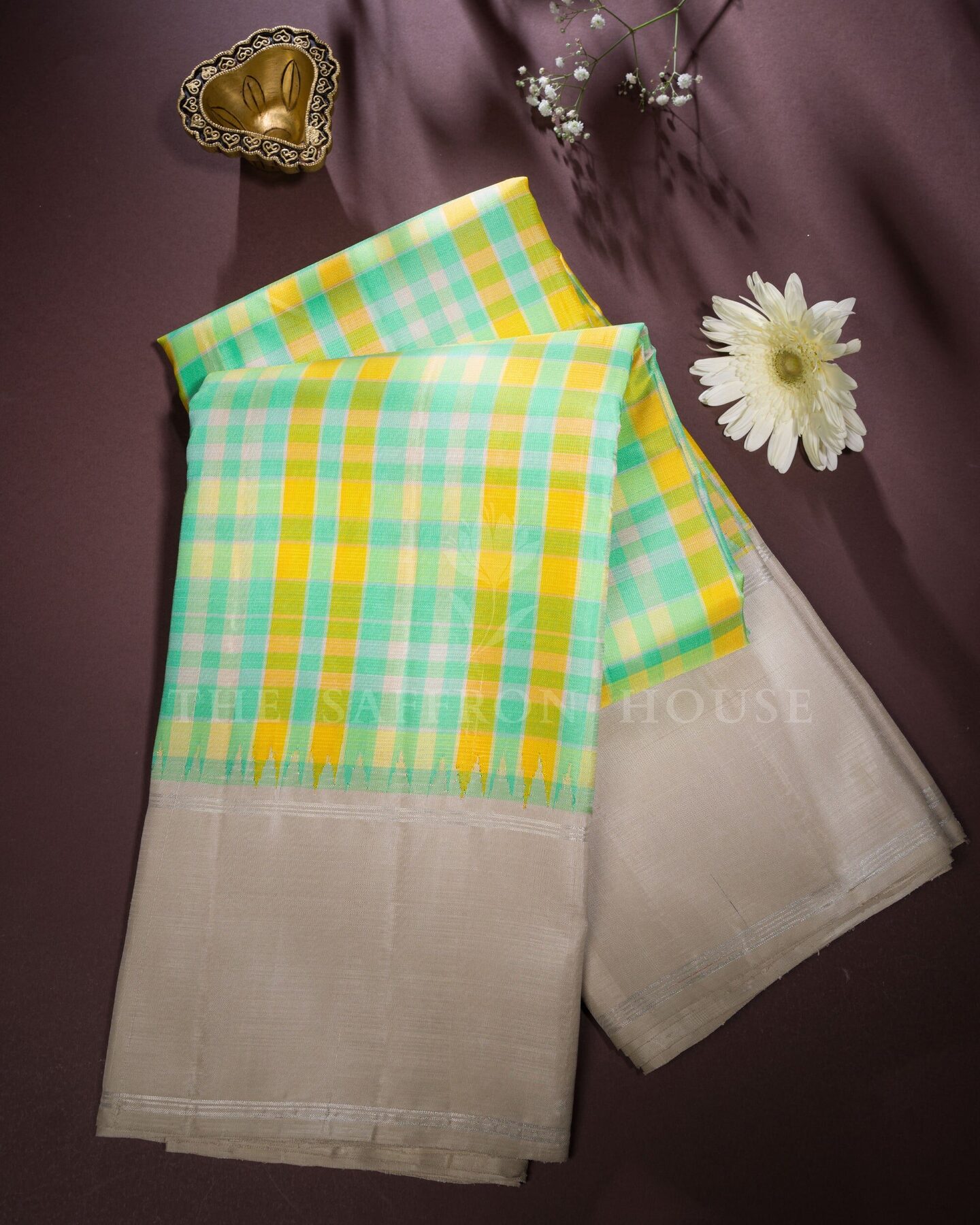 Mint And Lemon Yellow Kattam Kanjivaram Silk Saree – The Saffron House
