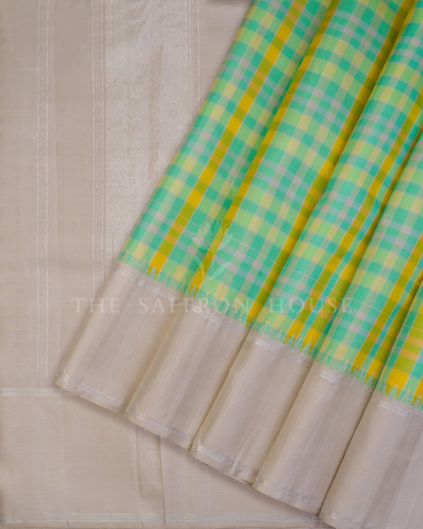 Mint And Lemon Yellow Kattam Kanjivaram Silk Saree – The Saffron House