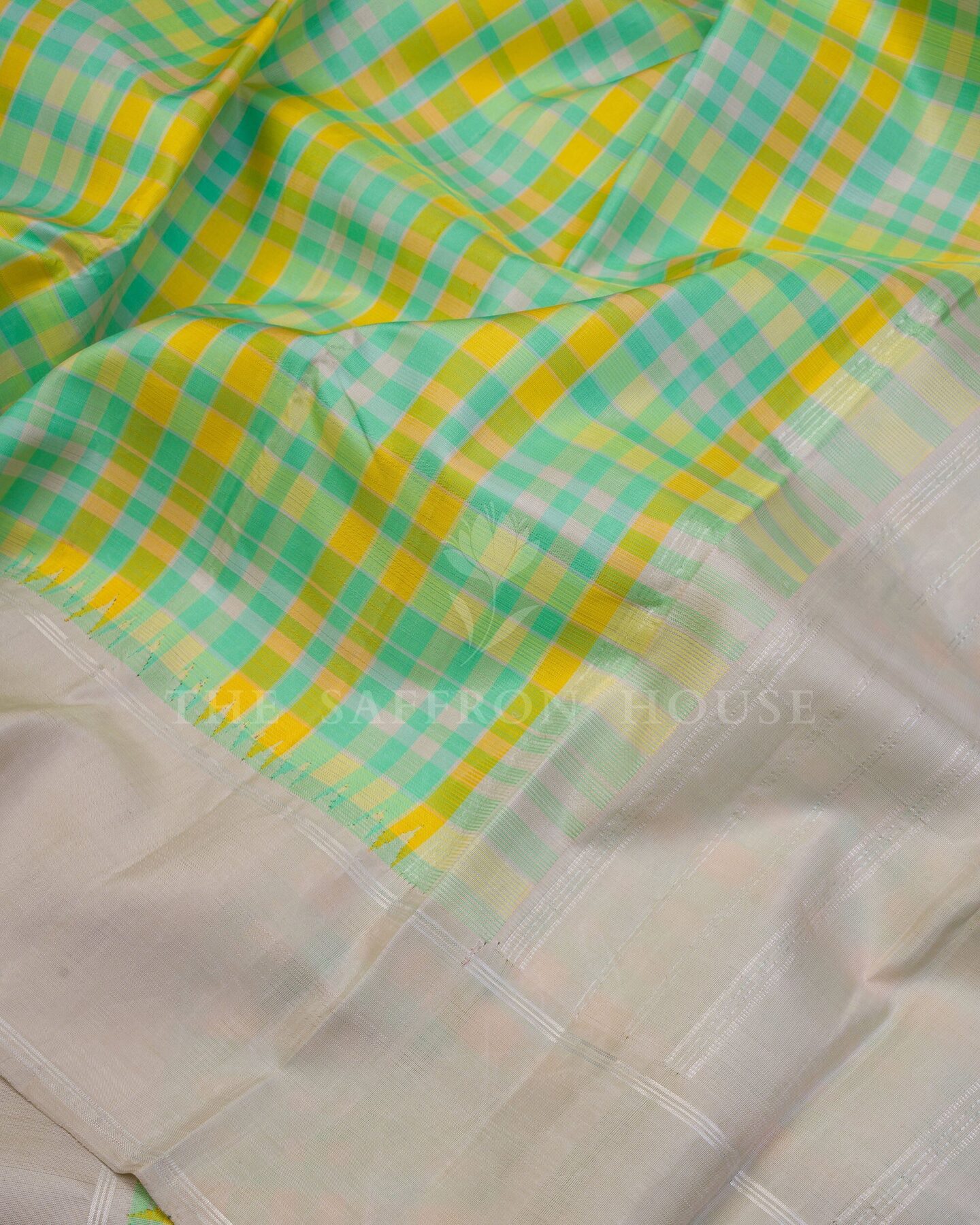 Mint And Lemon Yellow Kattam Kanjivaram Silk Saree – The Saffron House