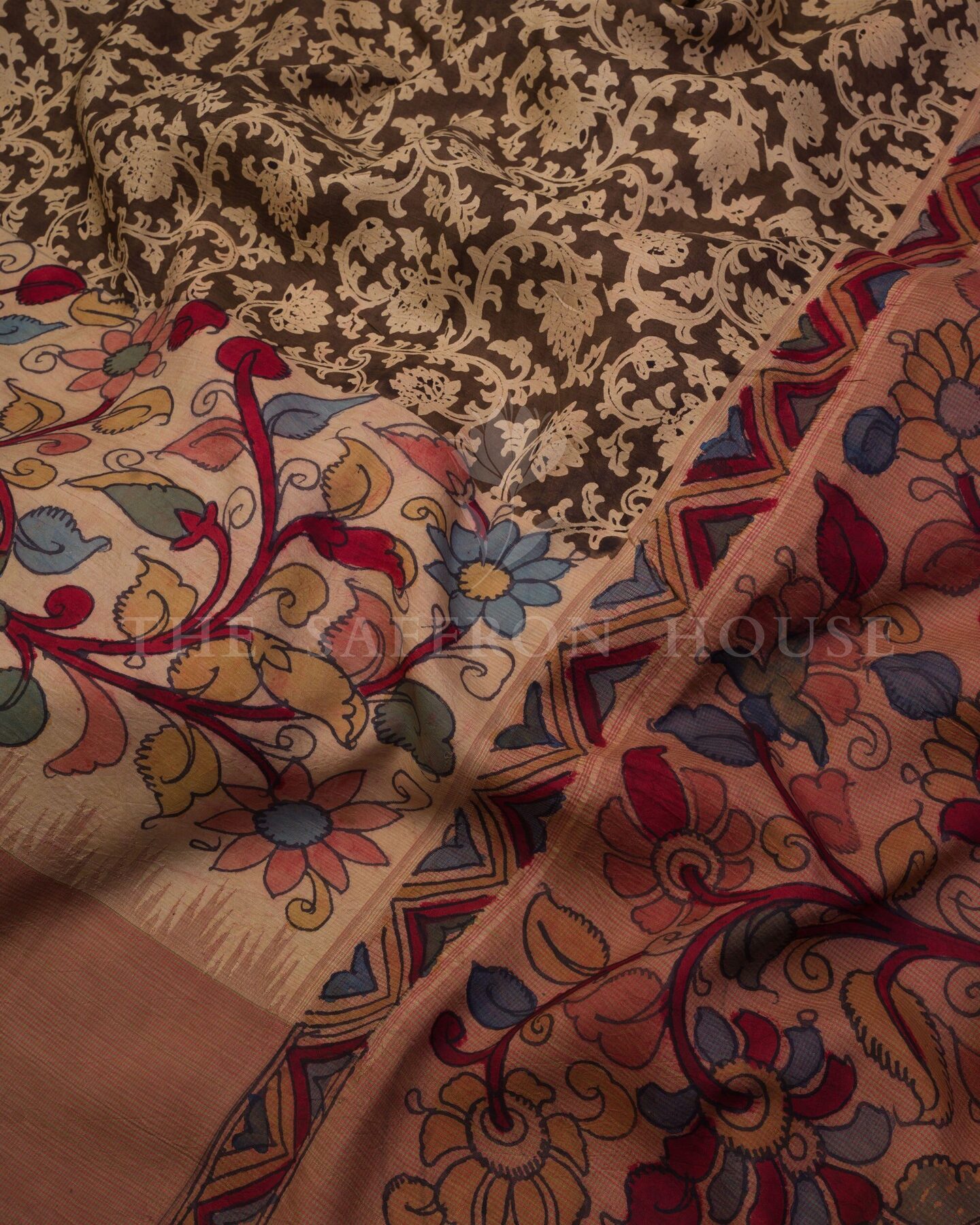 Onyx Black And Red Kalamkari Kanjivaram Silk Saree – The Saffron House