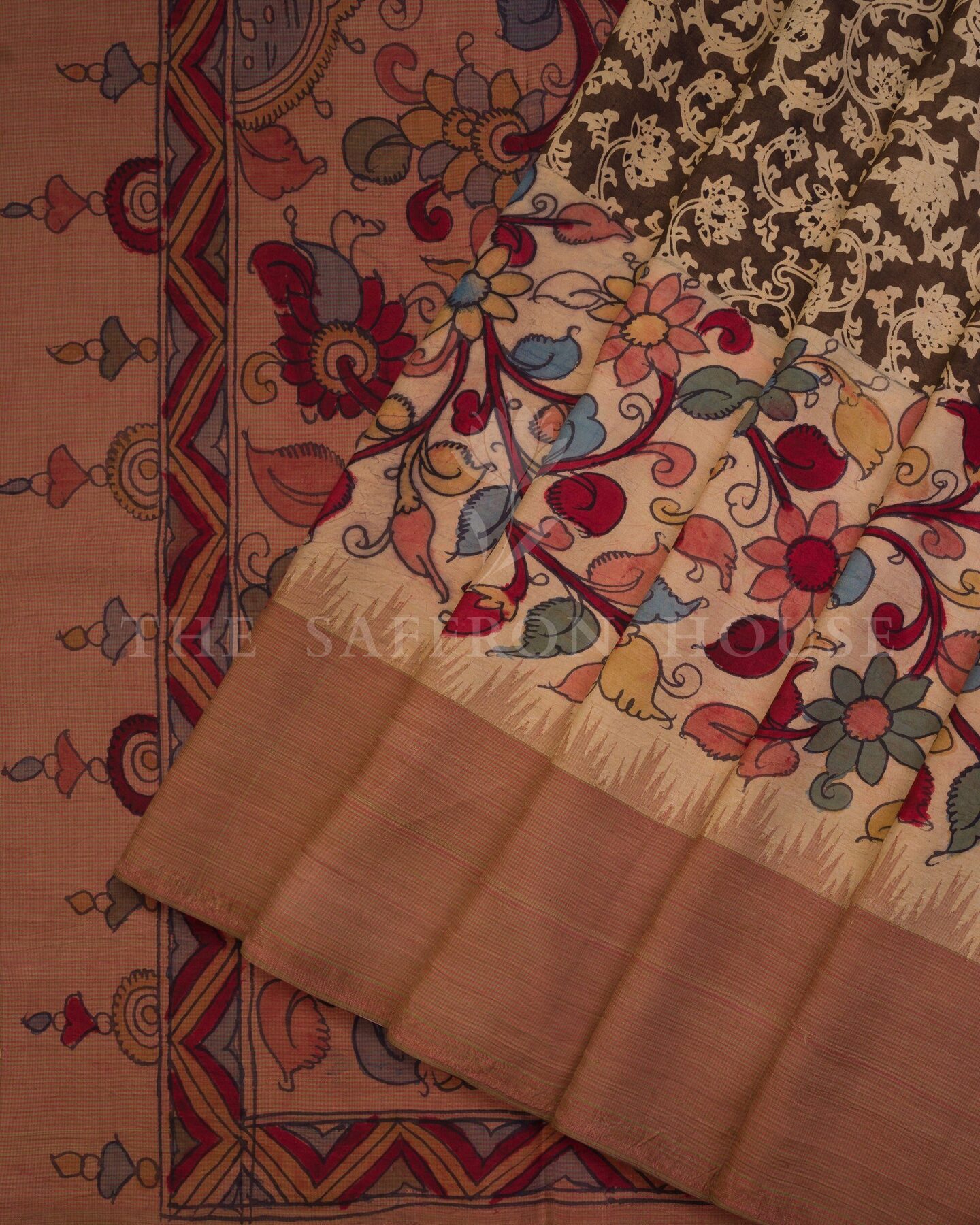 Onyx Black And Red Kalamkari Kanjivaram Silk Saree – The Saffron House