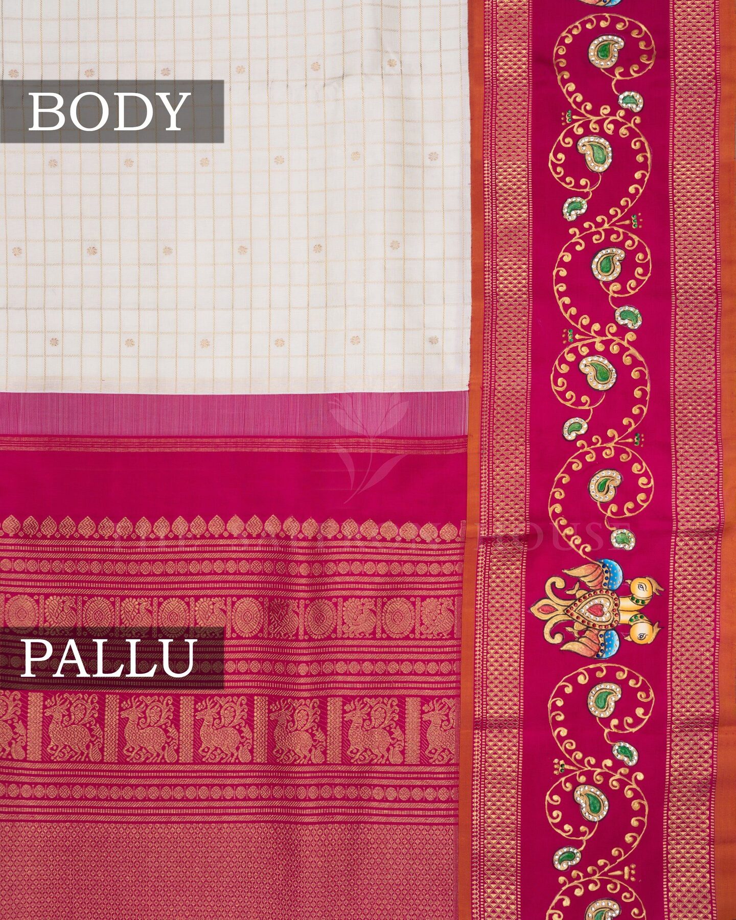 Ivory And Rani Pink Kattam Kanjivaram Silk Saree – The Saffron House