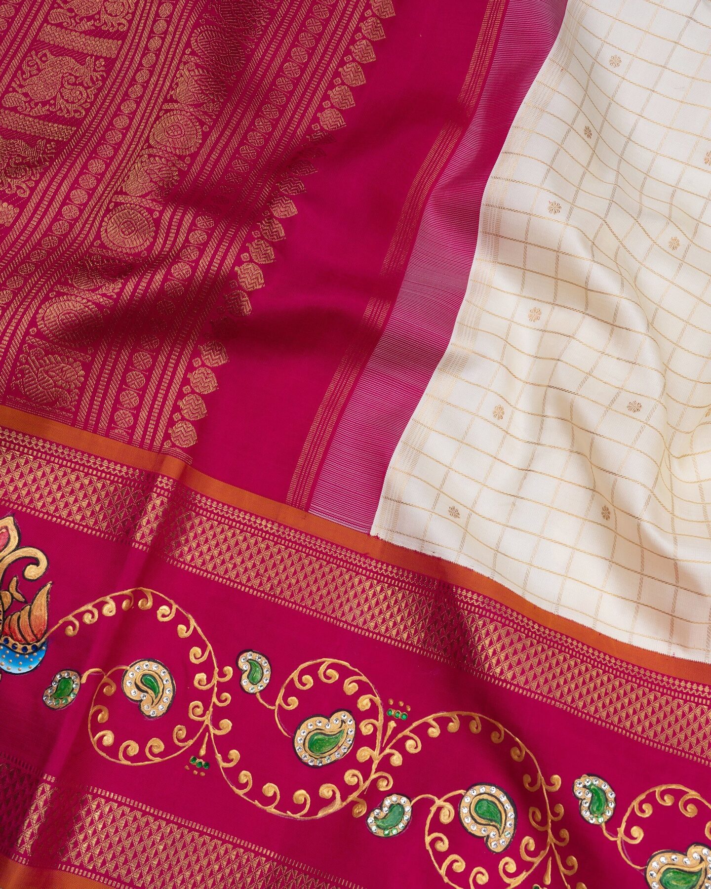 Ivory And Rani Pink Kattam Kanjivaram Silk Saree – The Saffron House