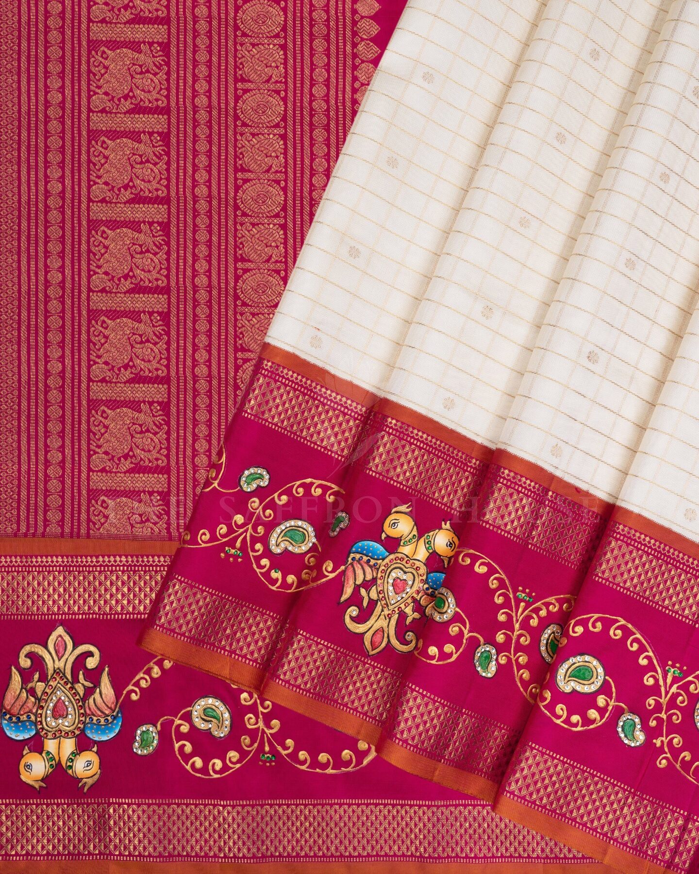 Ivory And Rani Pink Kattam Kanjivaram Silk Saree