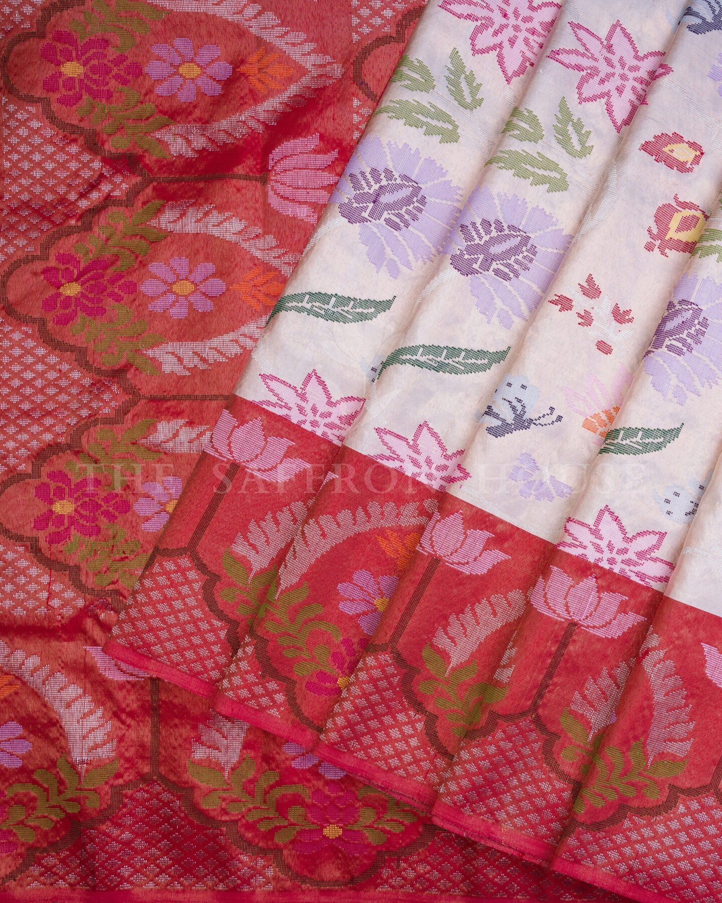 Ivory And Red Pure Zari Kota Silk Saree