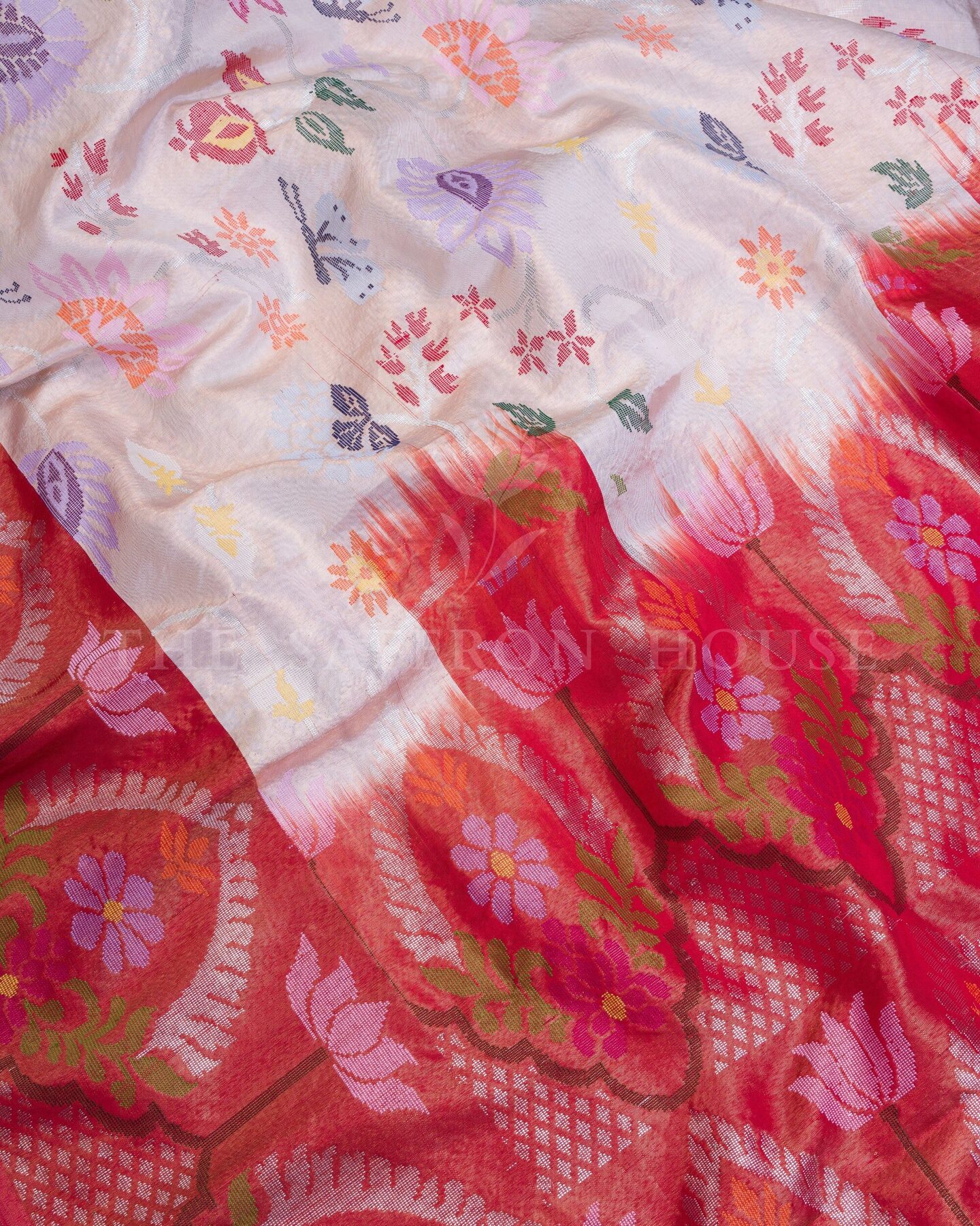Ivory And Red Pure Zari Kota Silk Saree – The Saffron House