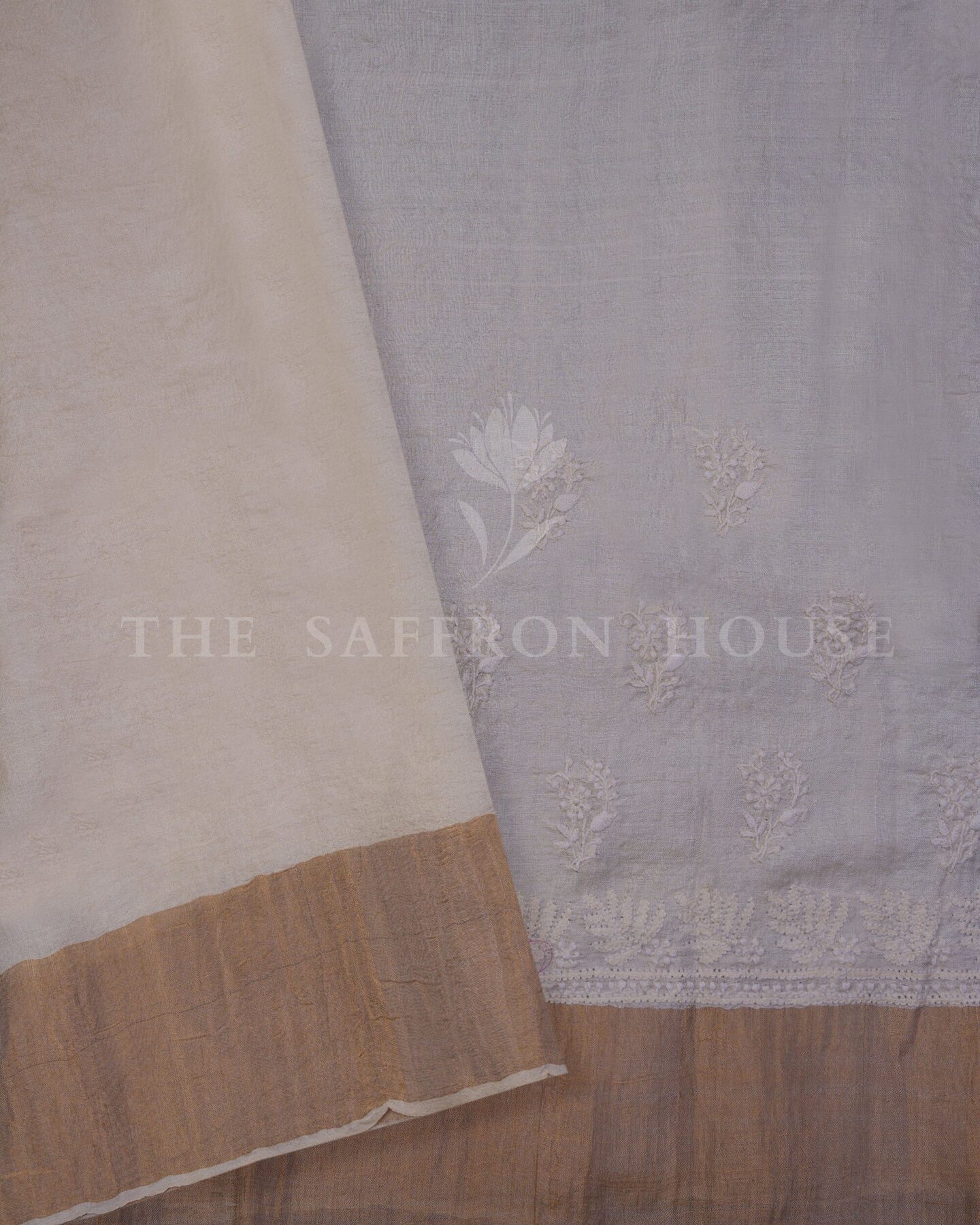 Pure White Chikankari Tussar Silk Saree – The Saffron House