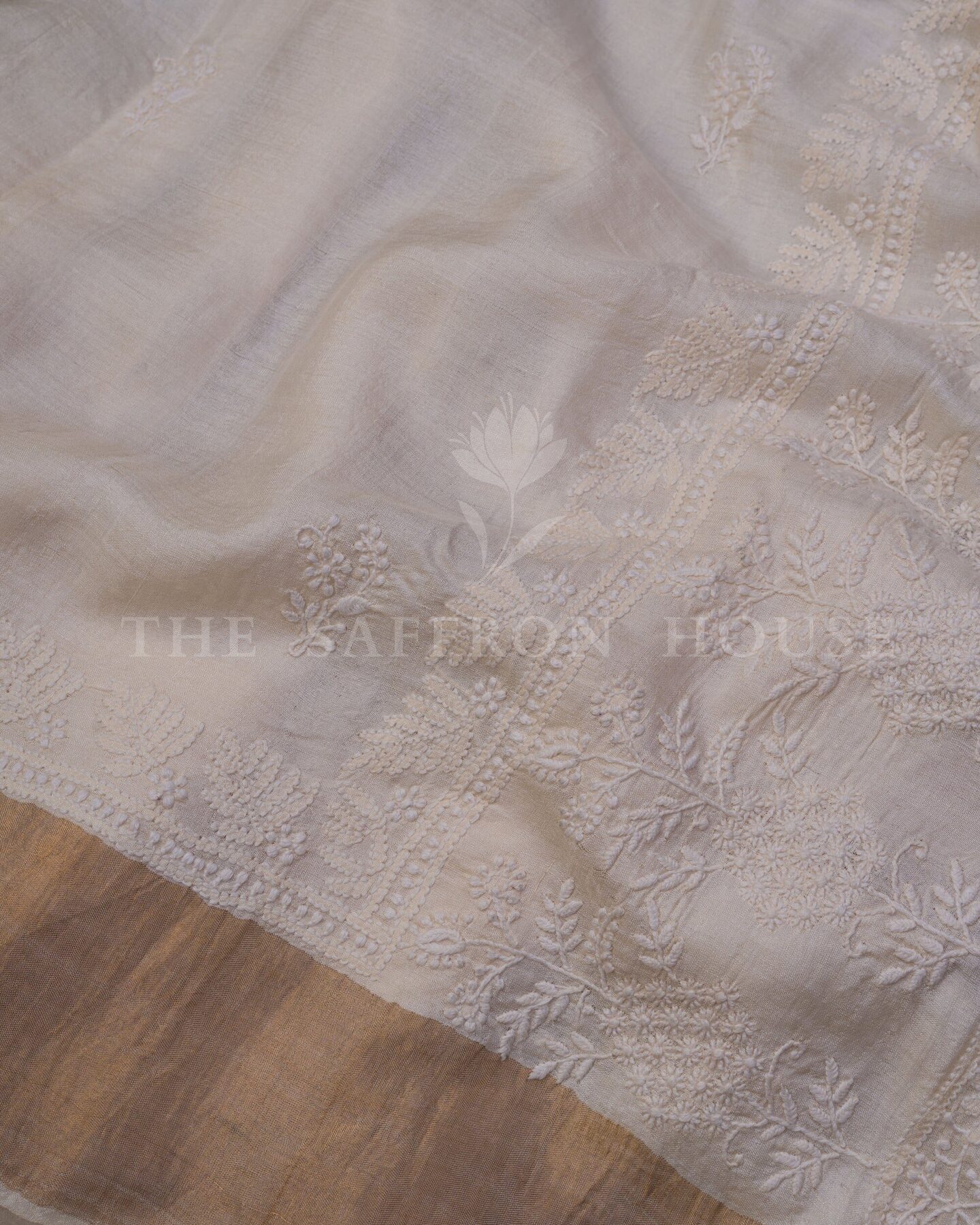 Pure White Chikankari Tussar Silk Saree – The Saffron House