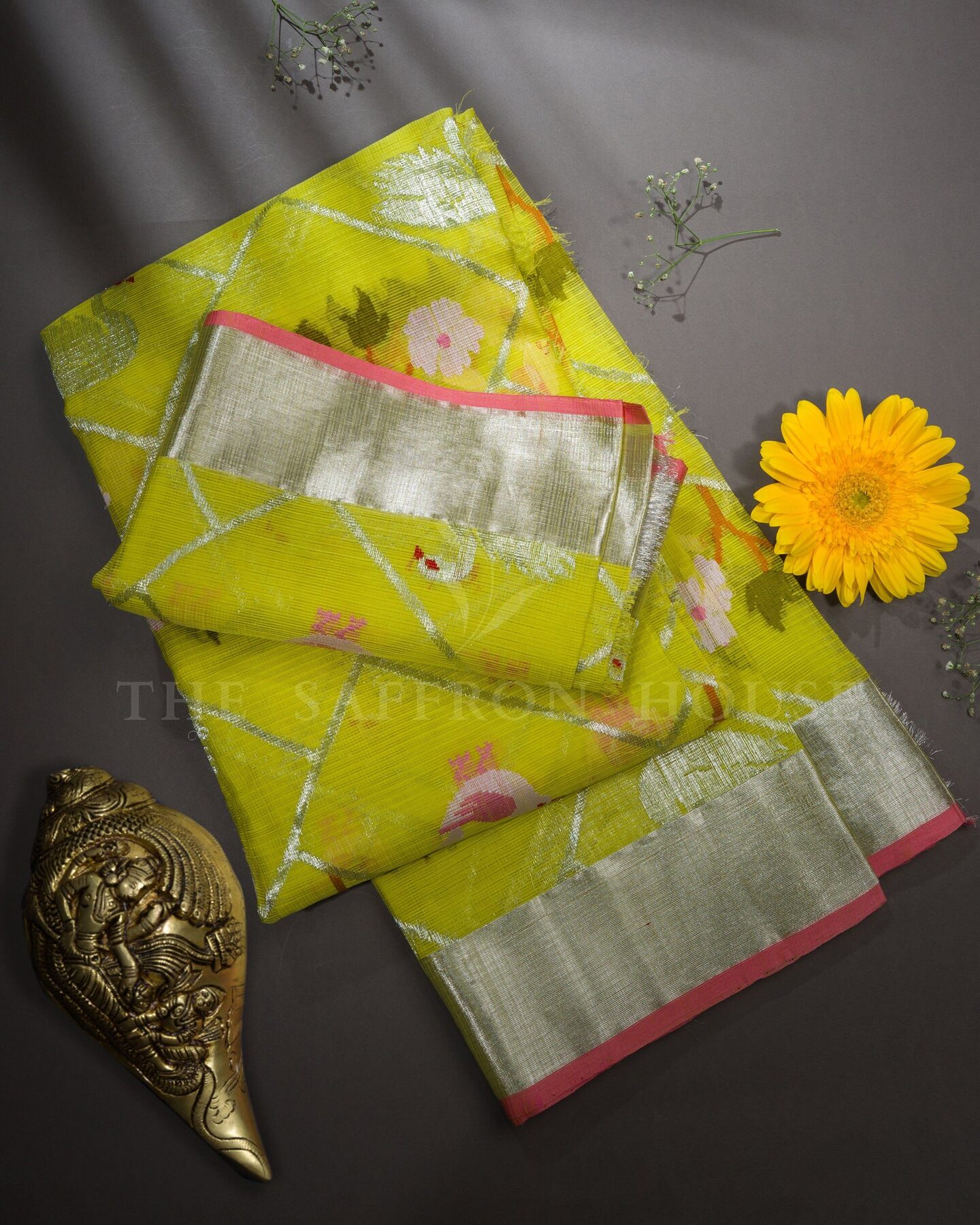Lime Green Jamdani Silk Saree – The Saffron House