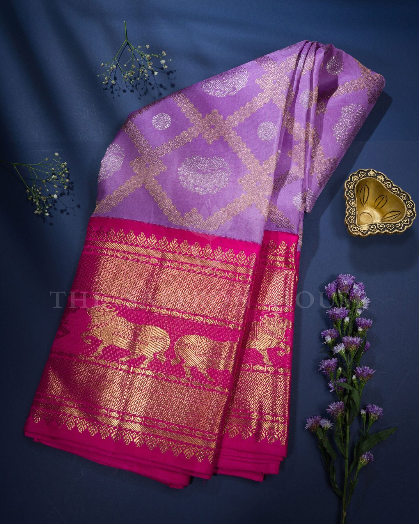 Lilac And Rani Pink Brocade Kanjivaram Silk Saree – The Saffron House